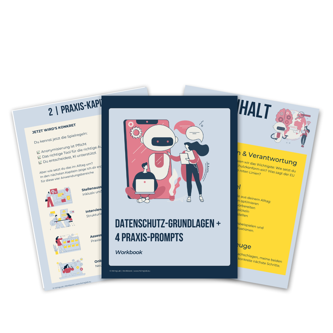 Informationsmaterial über Datenschutzgrundlagen und Praxis-Prompts. Das Material beinhaltet ein Workbook mit einem Roboter-Logo, einer digitalen Kommunikation zwischen Mensch und Roboter sowie Hand in Hand-Interaktion.