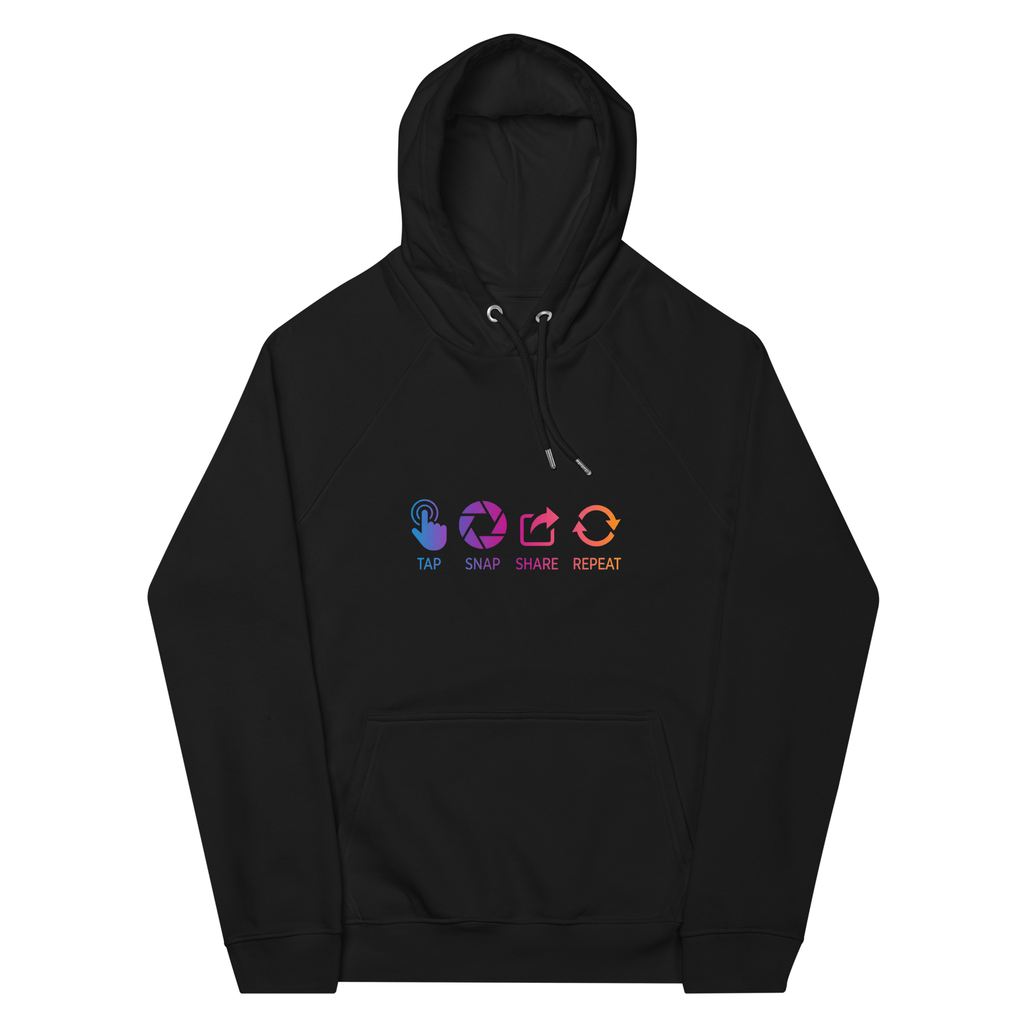TAP SNAP SHARE REPEAT Unisex eco raglan hoodie