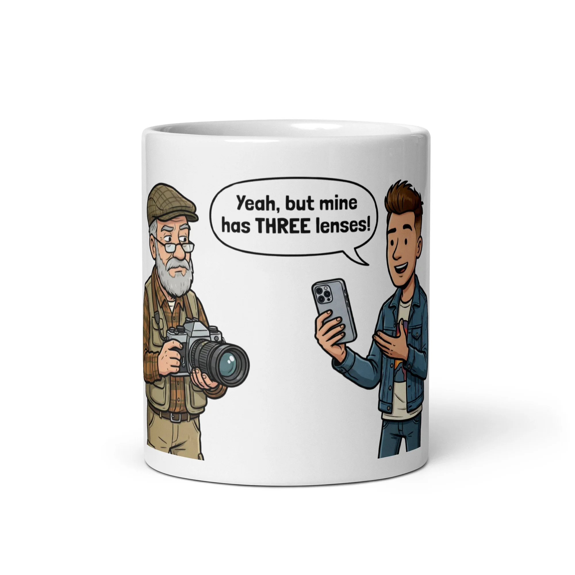 Mine has THREE Lenses White Glossy Mug