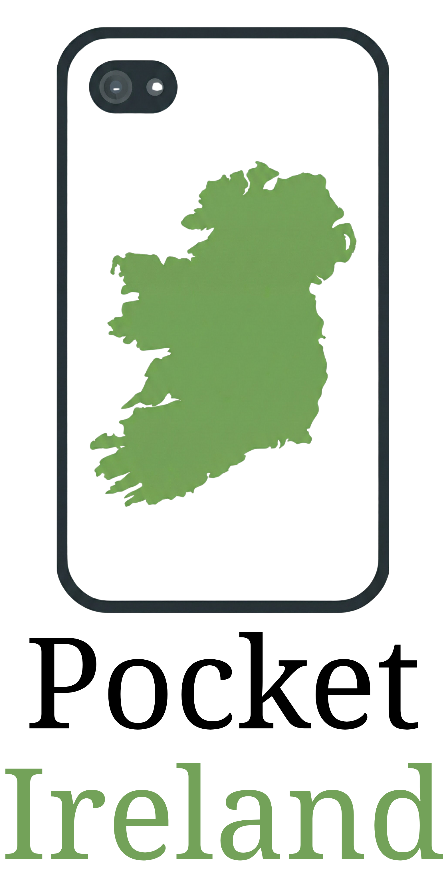 Green map of Ireland on a black background with the word 'Ireland' below.