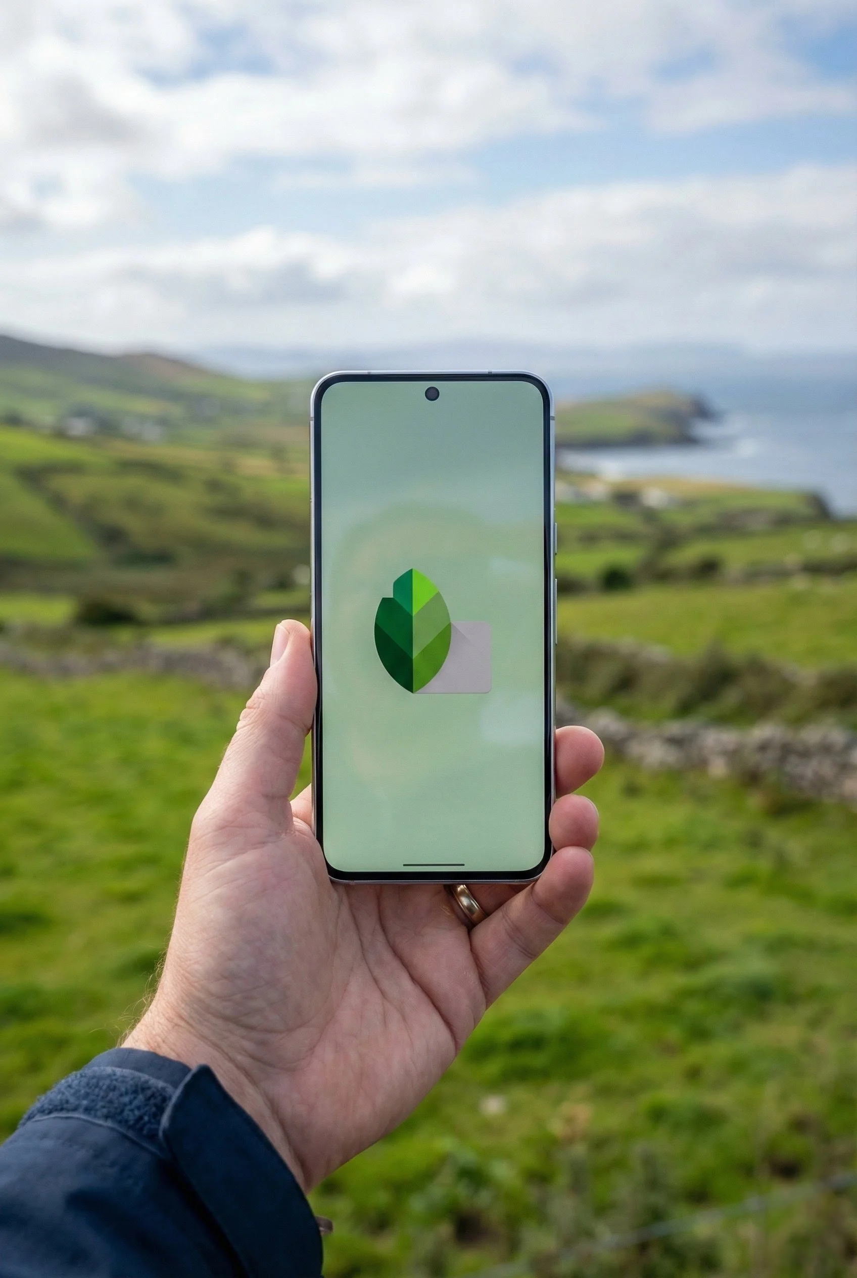 A person holding a smartphone displaying the Leaf page app logo, with a scenic green landscape and coastline in the background.