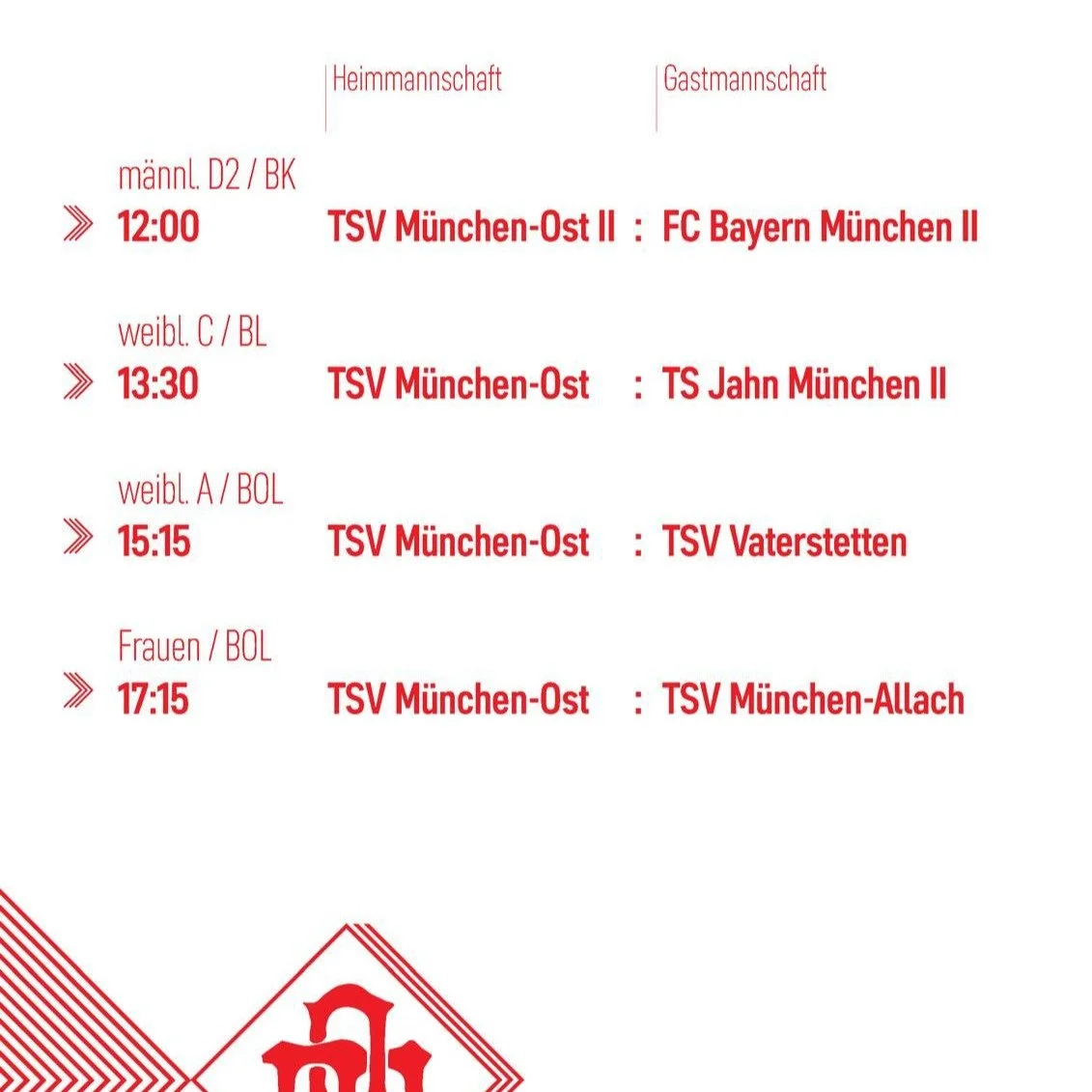 SONNTAG ab 12:00
in der FESTUNG-OST 🏰

KOMMT VORBEI ❤️
UNTERST&Uuml;TZT UNSERE TEAMS 🫵

mD2 - wC - wA - Damen I

Viel Erfolg und einen geilen Heimspieltag 🔥💪

#ostindiehalle #festungost #verliebtinost #handball