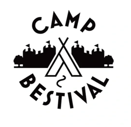 Black and white logo with the text 'CAMP FESTIVAL' arranged in a circular pattern around a central icon of two crossed camping tents, with a silhouette of a cityscape in the background.