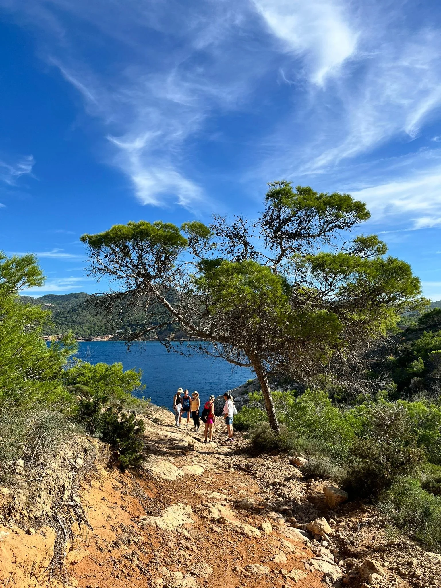 Group of people hiking along a trail near a body of water, with green trees and a bright blue sky with wispy clouds overhead.