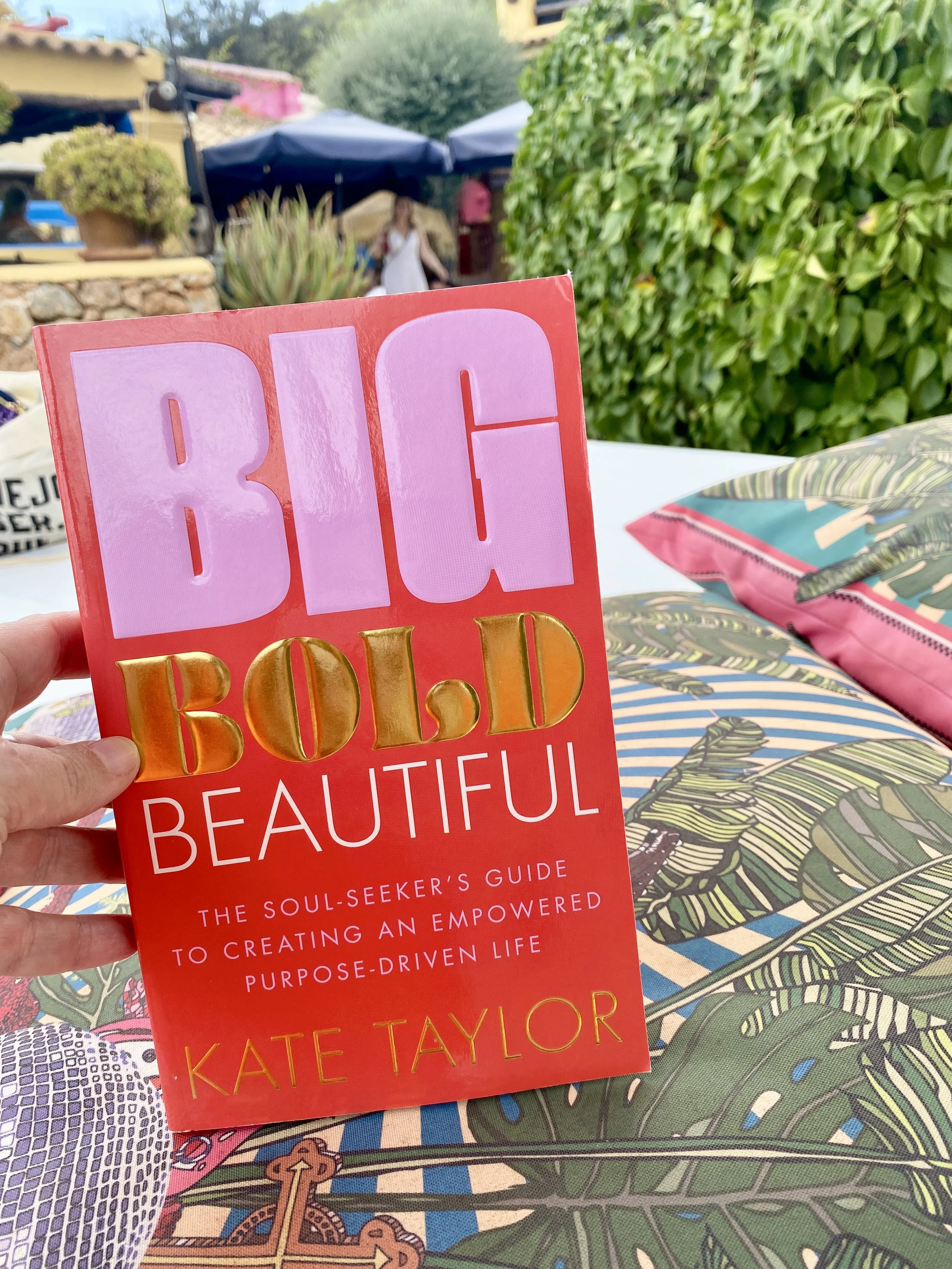 A person holding a red book titled 'Big Bold Beautiful' by Kate Taylor in an outdoor setting with green bushes, patio furniture, and people in the background.