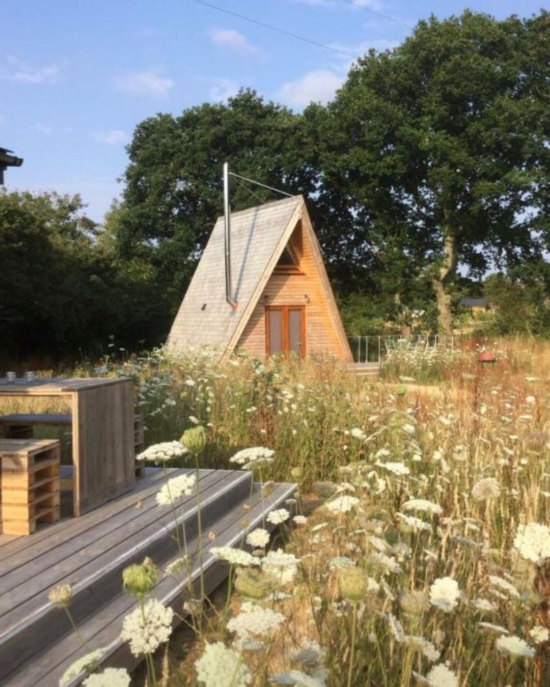 A small A-frame wooden house with a sloped roof, surrounded by wildflowers and trees under a blue sky.