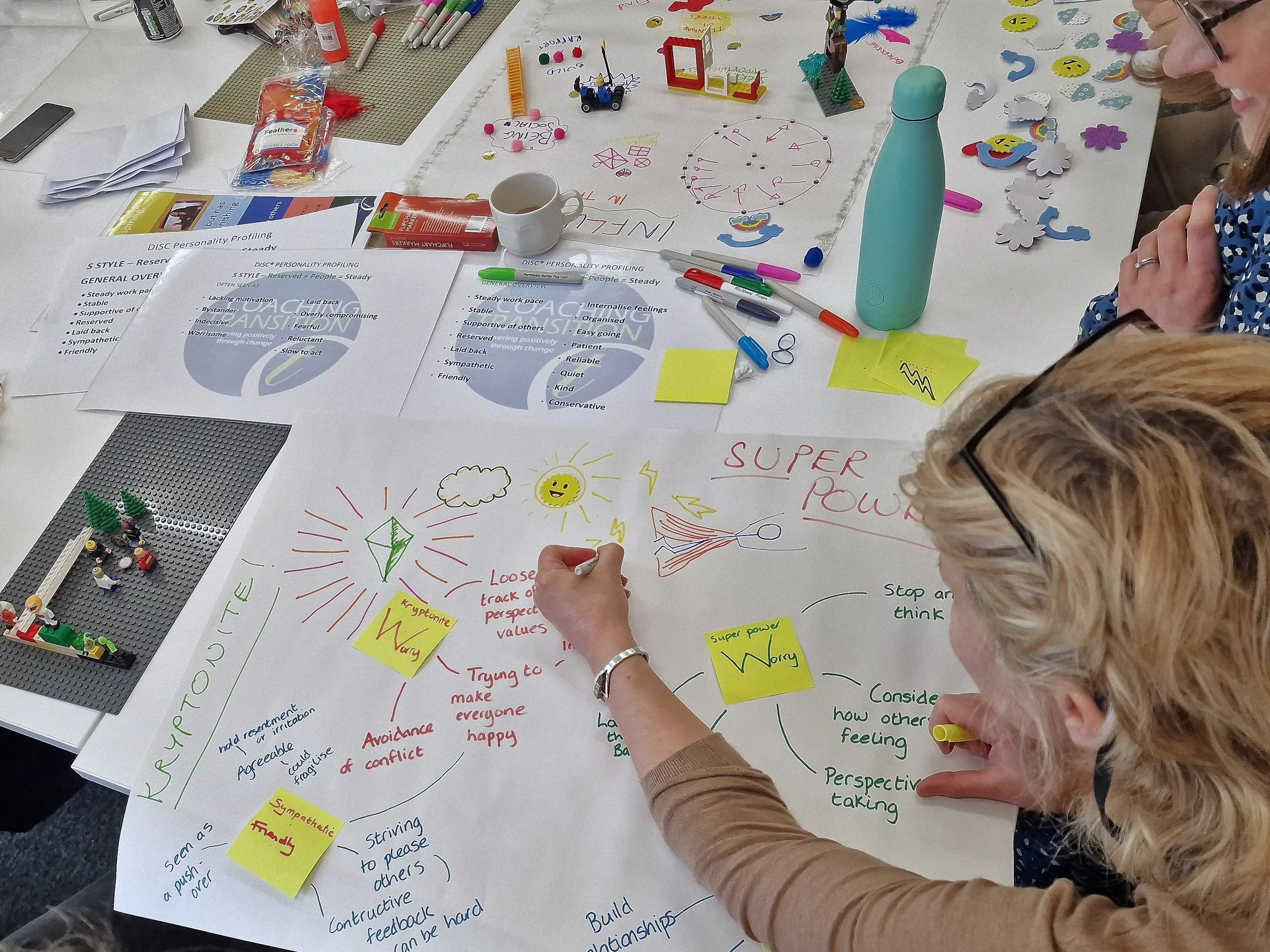 People working on a brainstorming session with colorful markers on large sheets of paper titled 'Super Power' and 'Kryptonite'. The table is filled with various art supplies, notes, and small decorative items, with a water bottle and a cup also present.