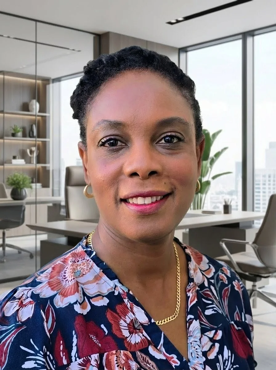 A woman smiling in a modern office with large windows, office furniture, and shelves with decorative items.