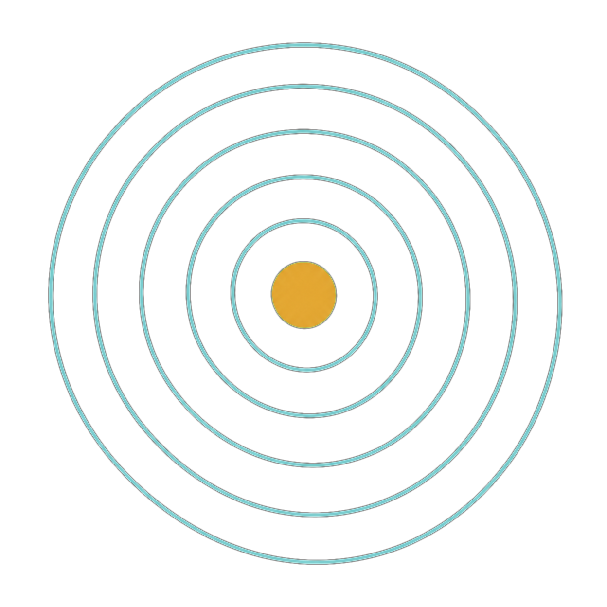 An abstract digital illustration featuring concentric circles with various colors and patterns on a black background.