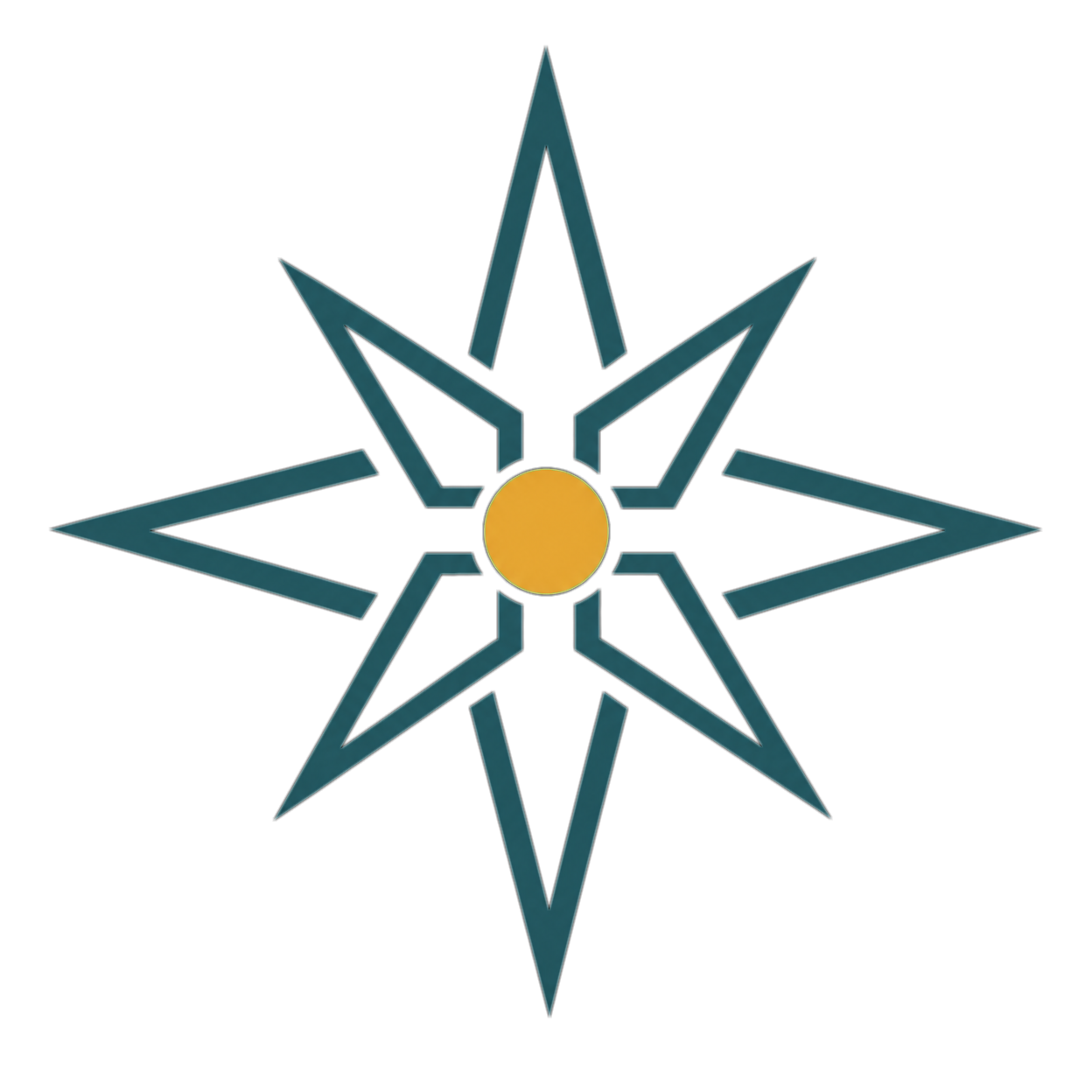 A stylized star-shaped emblem with eight points and a yellow circle in the center on a black background.