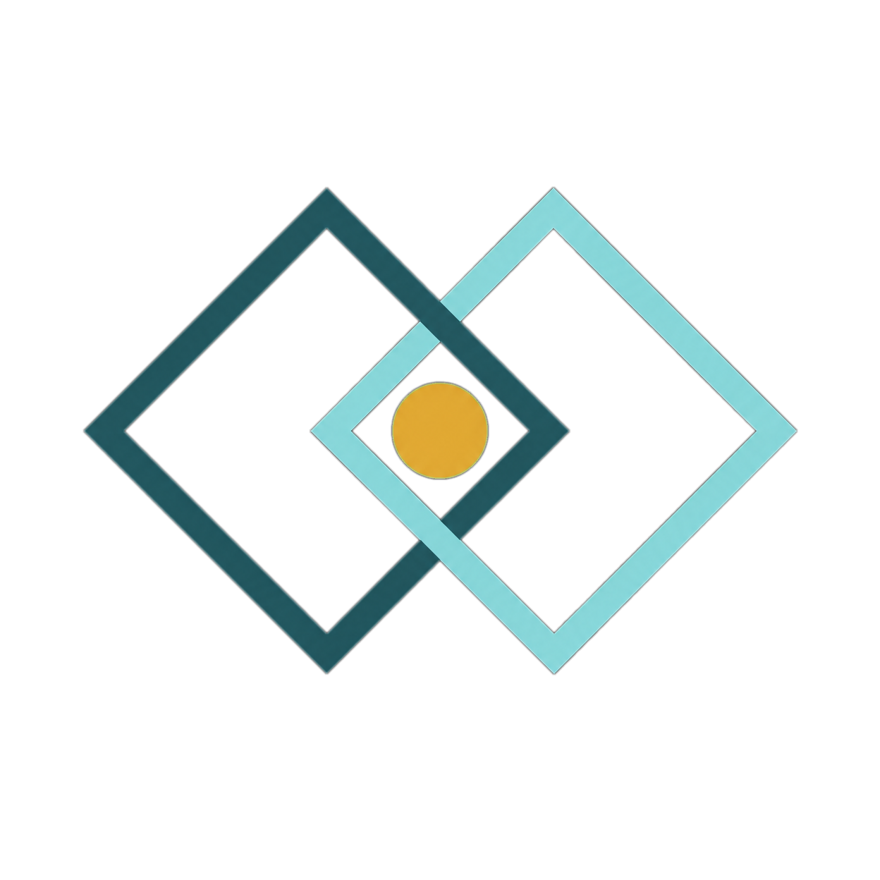 Abstract geometric design with two overlapping diamond shapes in shades of blue and a yellow circle in the center on a black background.