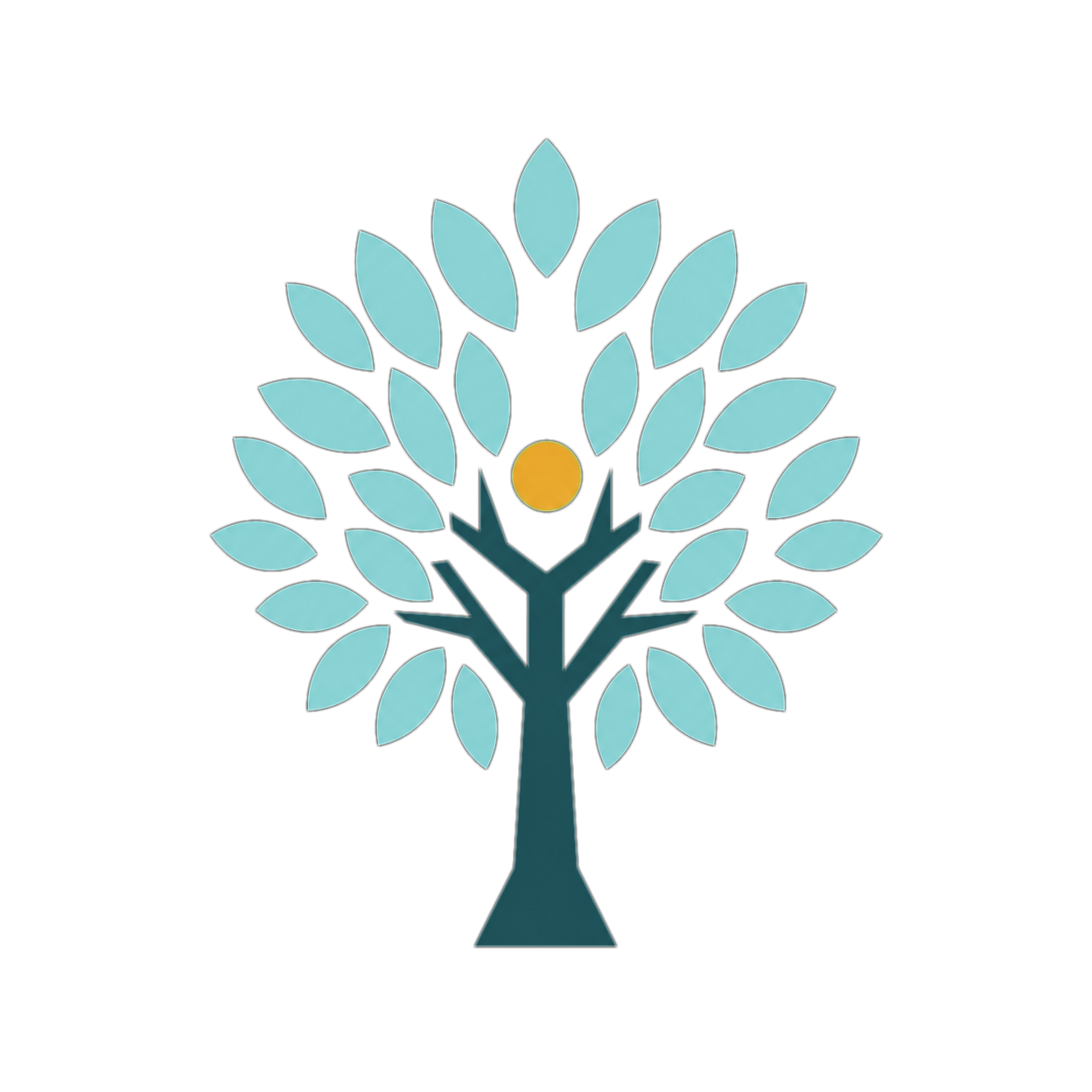 Stylized tree with a blue trunk and light blue leaves, and a yellow circle at the center.