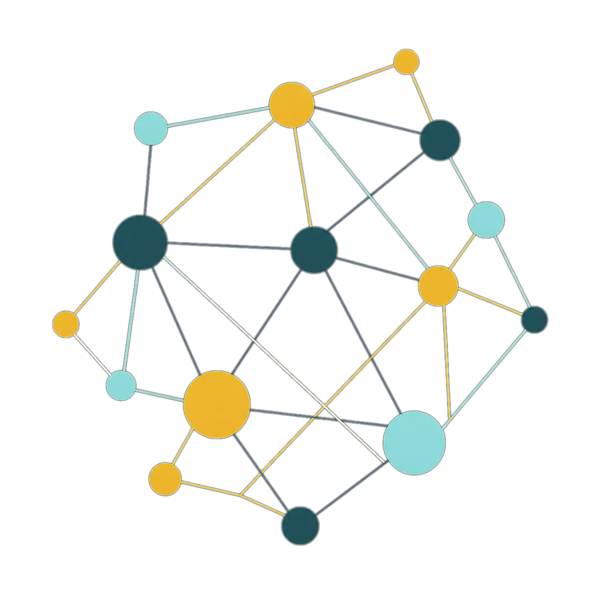 Digital abstract illustration of interconnected nodes in dark blue, light blue, and gold on a green background.