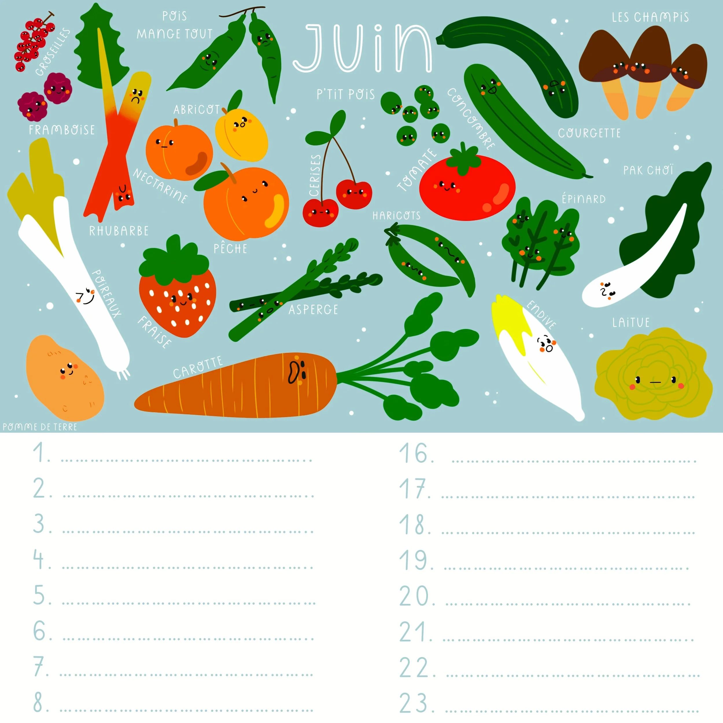 C&rsquo;est le 1er juin ! 🍋
Pour f&ecirc;ter &ccedil;a, voici la page du calendrier des fruits et l&eacute;gumes de saison du mois 🍅

Il me reste quelques exemplaires disponibles. N&rsquo;h&eacute;sitez pas &agrave; me contacter si vous &ecirc;tes 