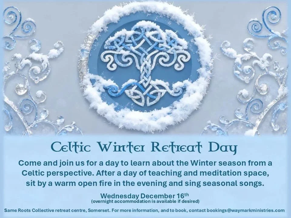 Invitation to Celtic Winter Retreat Day featuring Celtic knot artwork surrounded by snow and decorative swirls, with event details and date, December 16th.