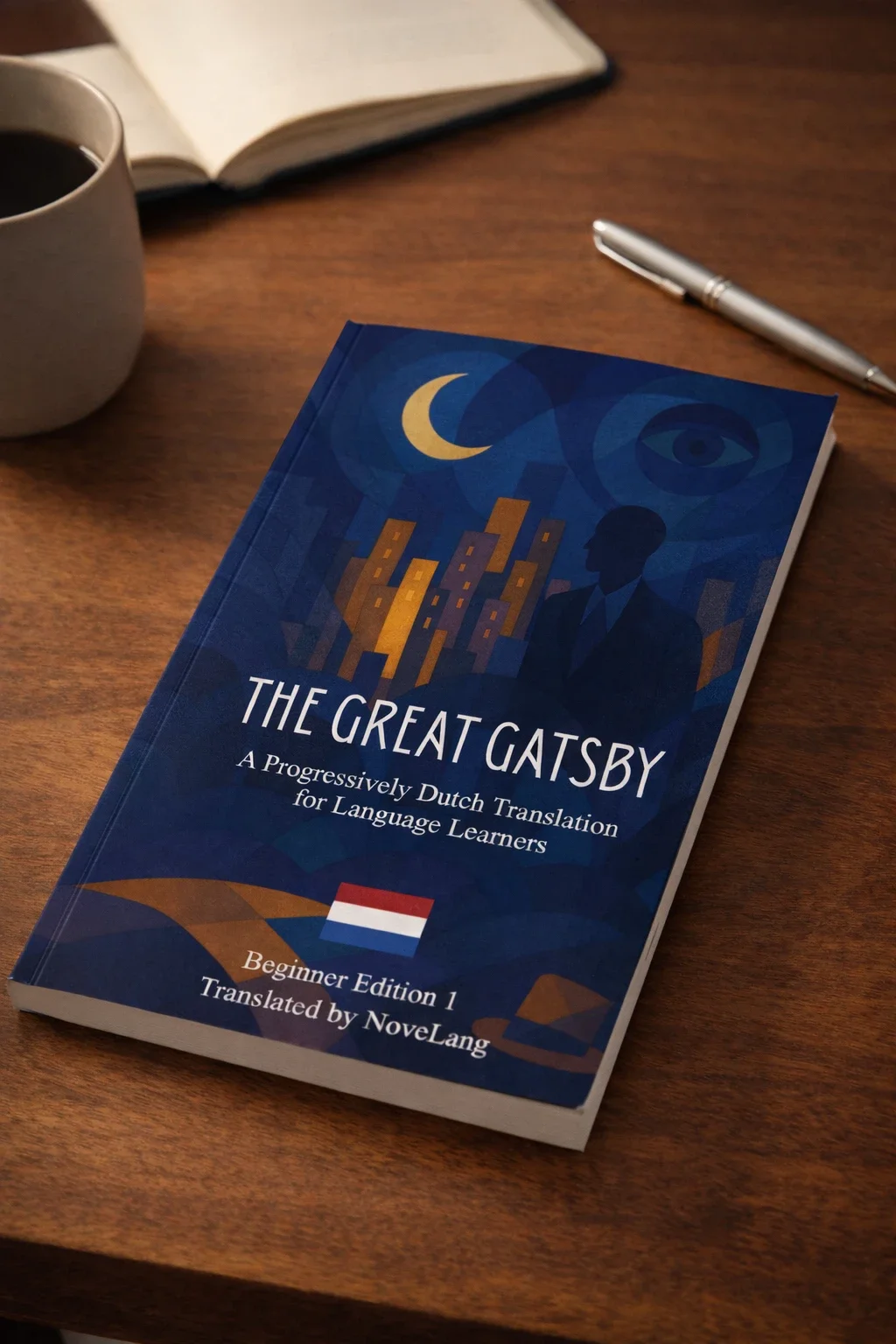 A book titled "The Great Gatsby" for people learning the Dutch language.