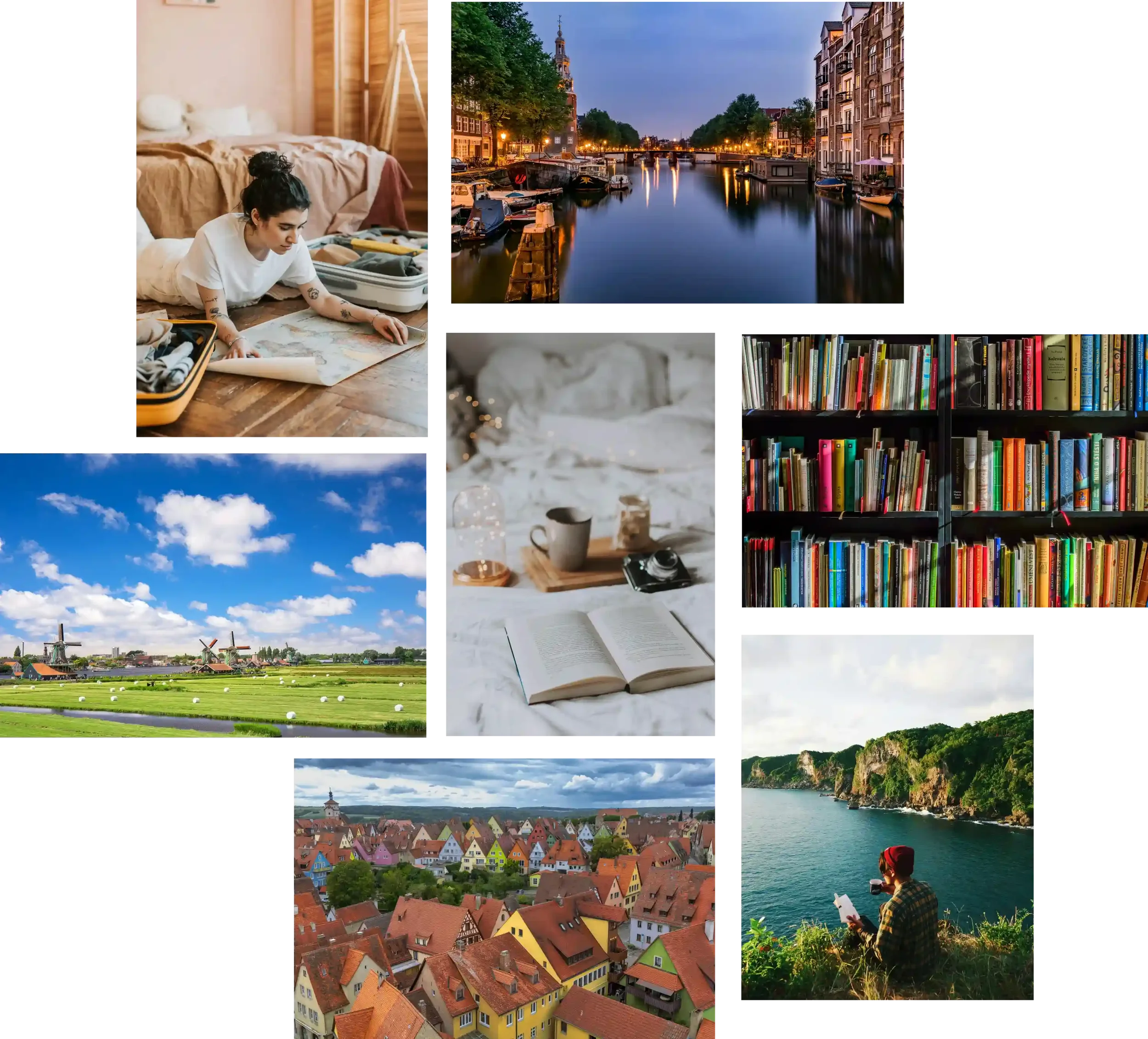 A language learning collage with travel photos, books, and maps