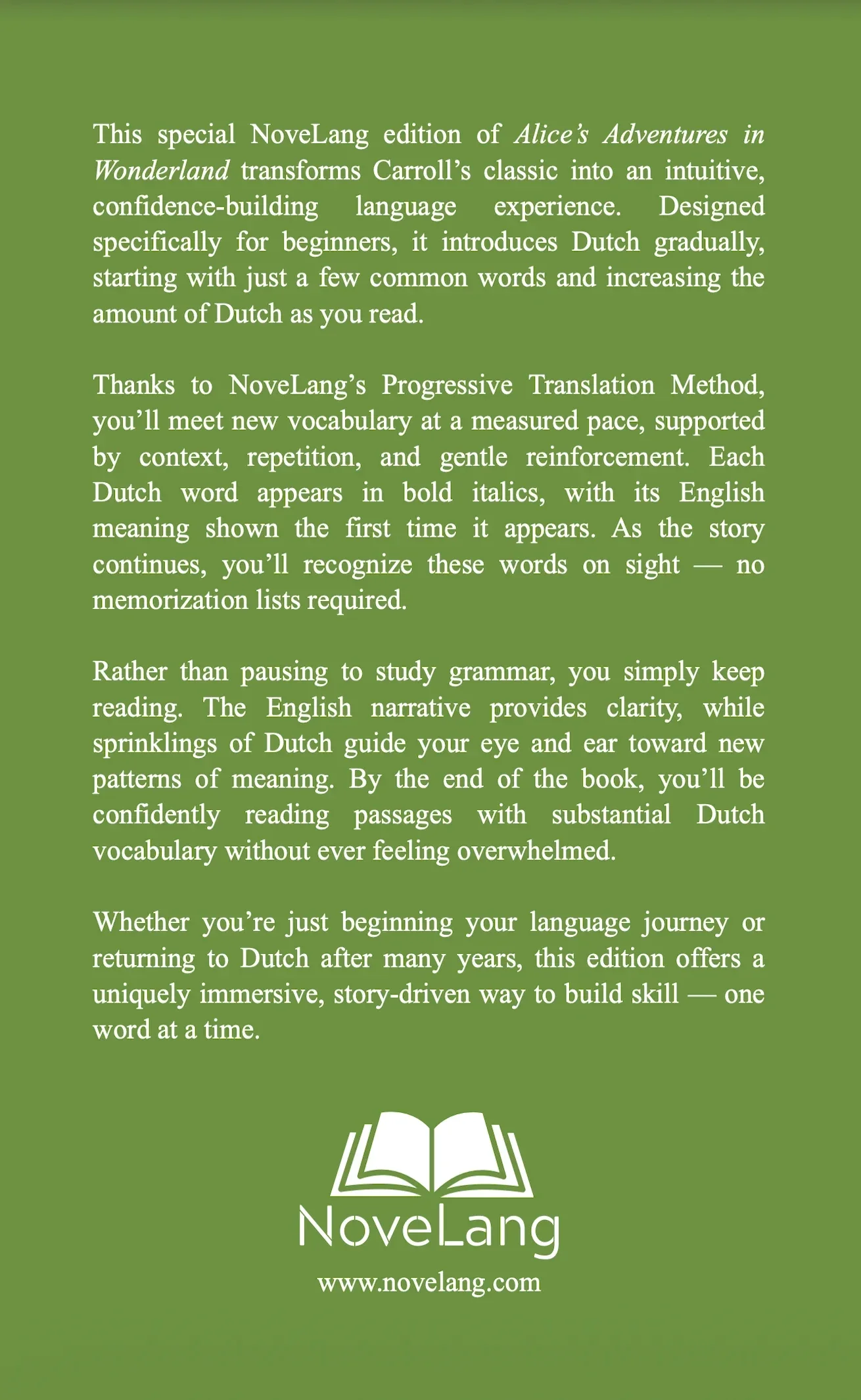 Alice's Adventures in Wonderland for Dutch learners, back cover