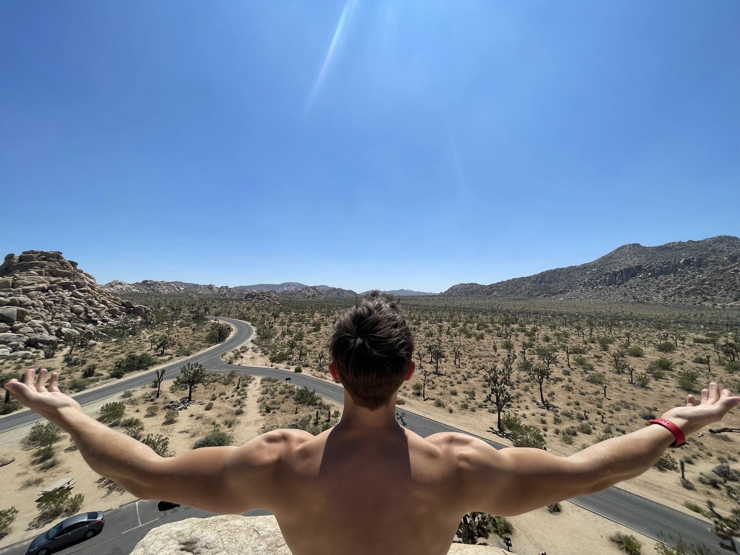 Tom Prior standing on a rocky ledge with arms outstretched, overlooking a desert landscape with sparse trees, mountains in the distance, and a winding road; clear blue sky above.
