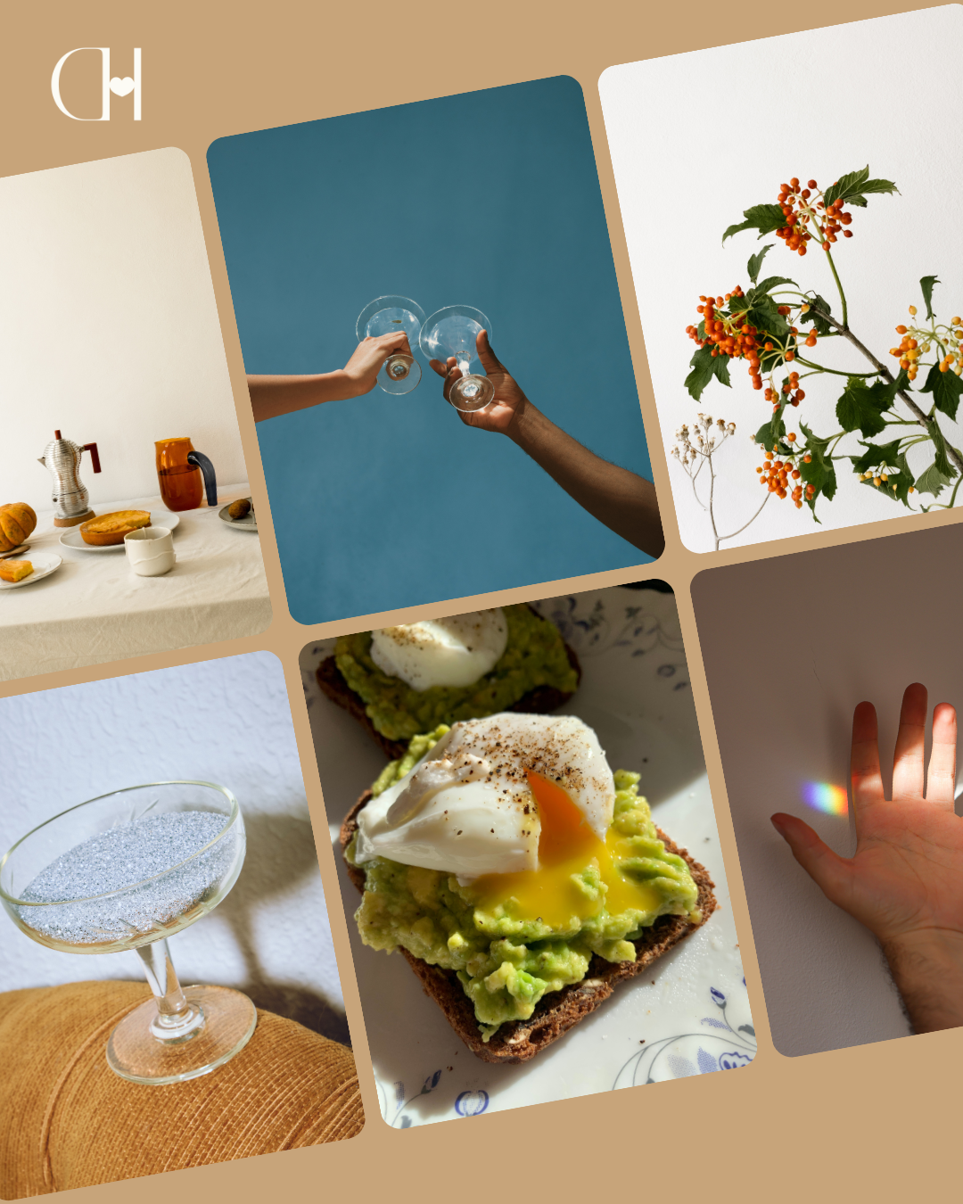 Collection of six photos including a breakfast scene with bread, pumpkin, and coffee items, two people clinking glasses against a blue background, a branch with orange berries, a glass of sugar on a wooden surface, avocado toast topped with poached egg, and a hand with rainbow light on the palm.