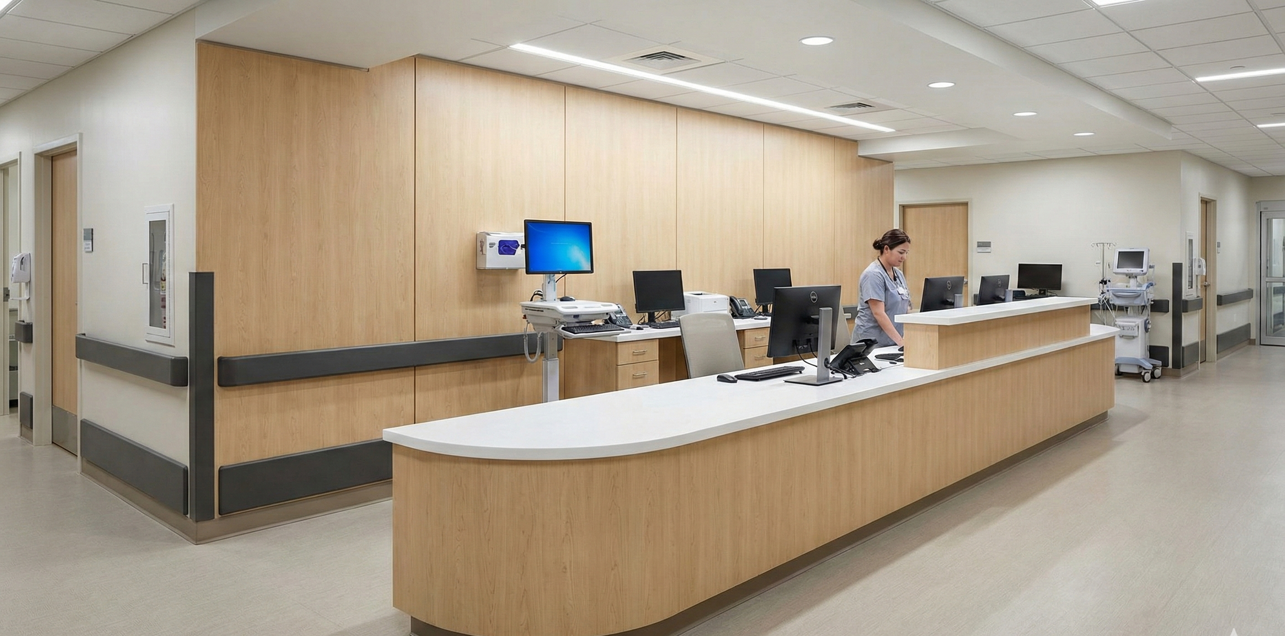 Bright healthcare nurse station featuring light Natural Maple Inpro Palladium wall panels and a white solid surface reception counter.