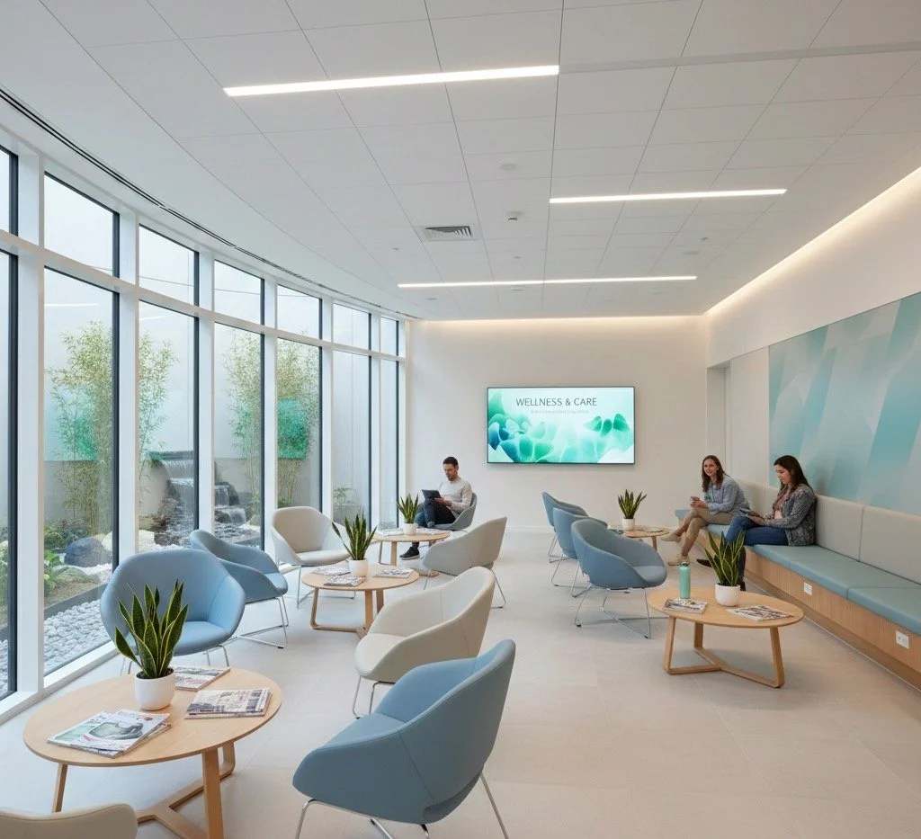 Modern wellness clinic waiting area with light blue and white chairs, wooden tables, large windows with a view of outdoor plants and a water feature, and a digital screen displaying "Wellness & Care".