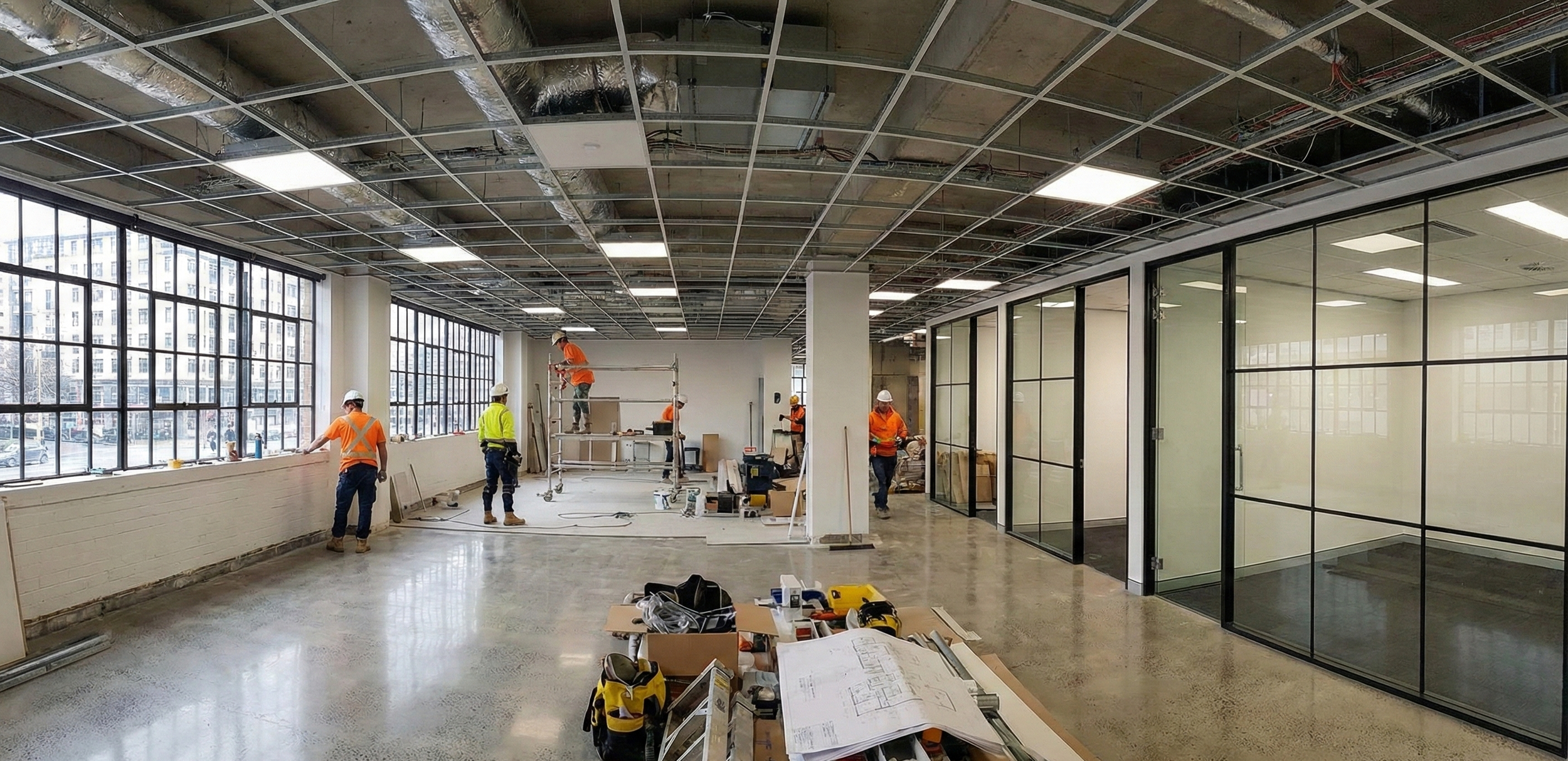 Wide-angle interior view of a busy commercial office fit-out in progress. Construction workers in high-visibility gear are active throughout the large space, which features polished concrete floors, newly installed black-framed glass meeting rooms