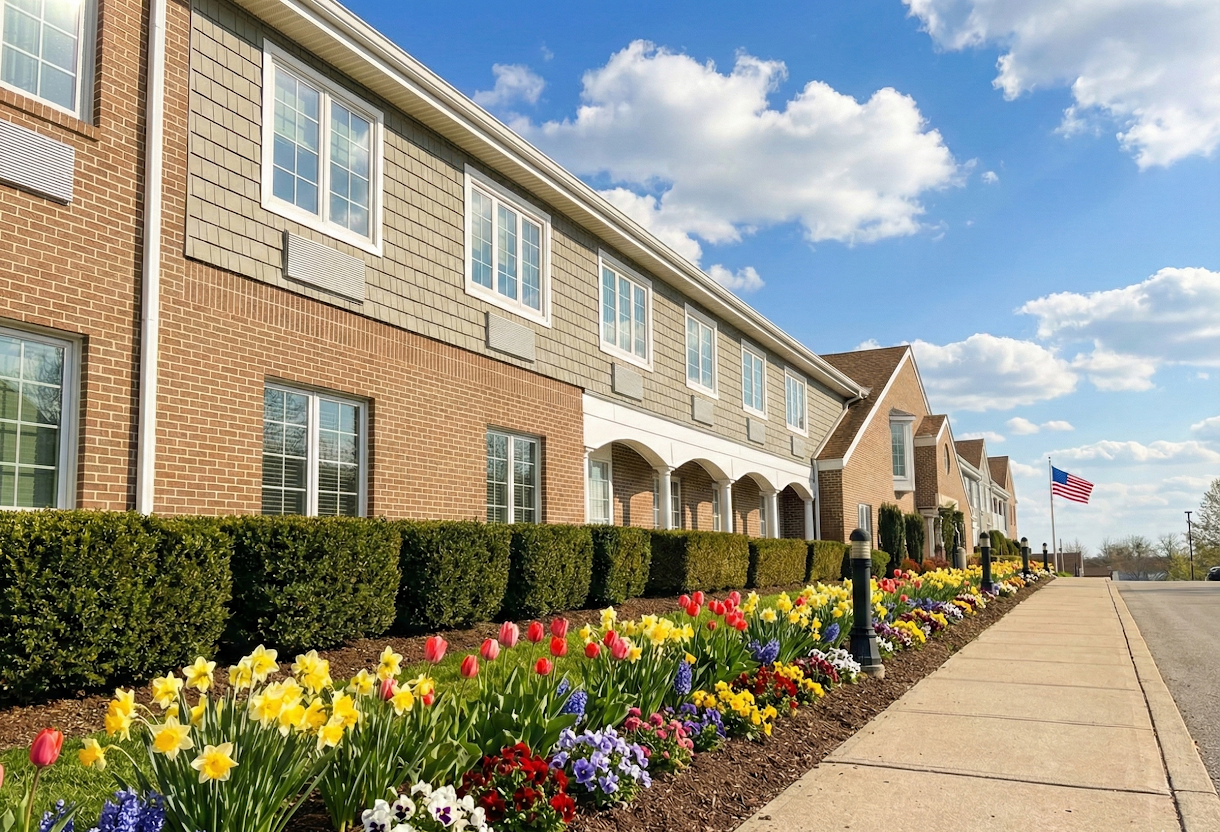 A sidewalk in front of a row of residential townhouses with flower beds of colorful tulips, daffodils, and other flowers, under a partly cloudy sky, with an American flag in the distance.