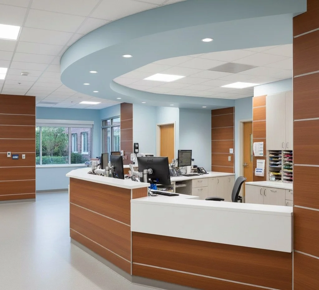Hospital reception desk with computers, cabinets, and filing drawers, with windows showing greenery outside.