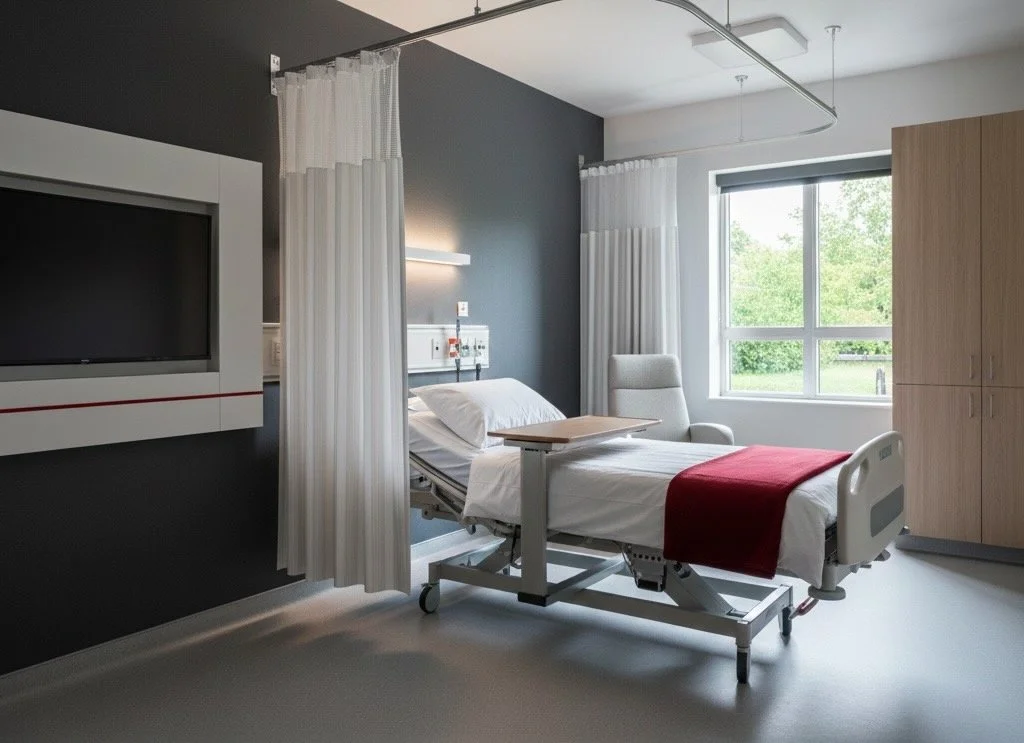 Hospital room with bed, white bedding, red blanket, and medical equipment, near window with greenery outside.