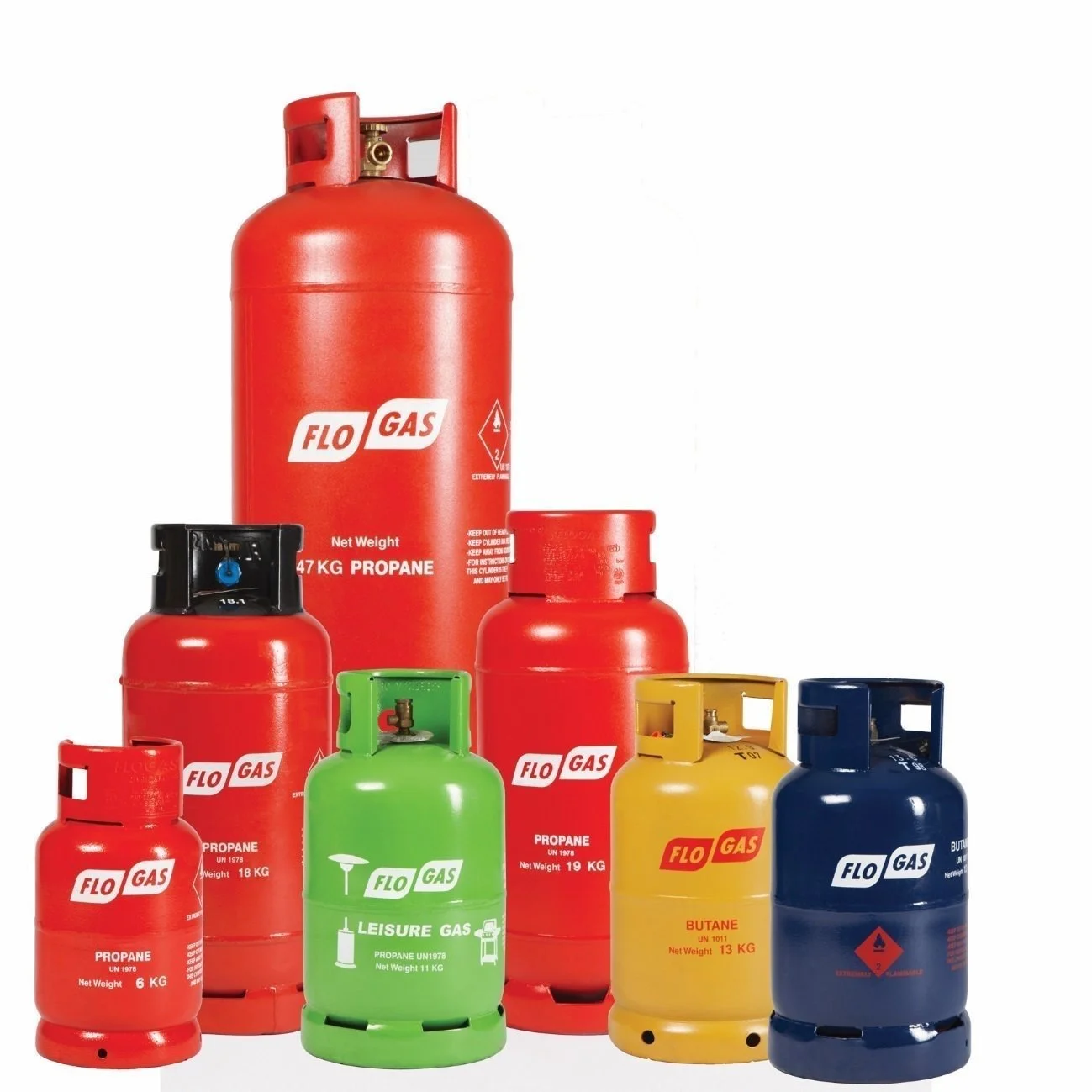Collection of various colored gas cylinders with labels indicating propane, butane, and leisure gas.