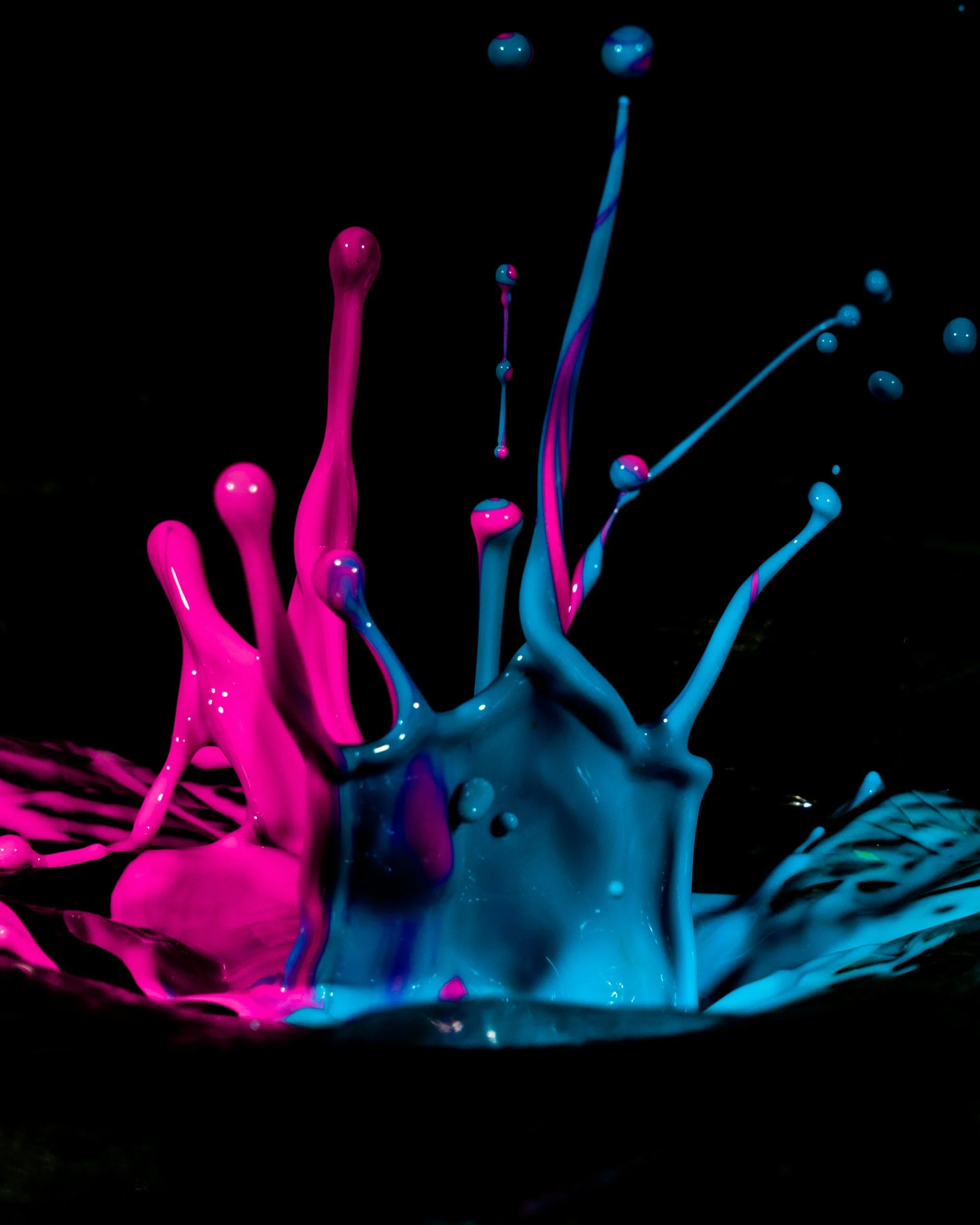 Bright pink and blue paint splashes against a black background.