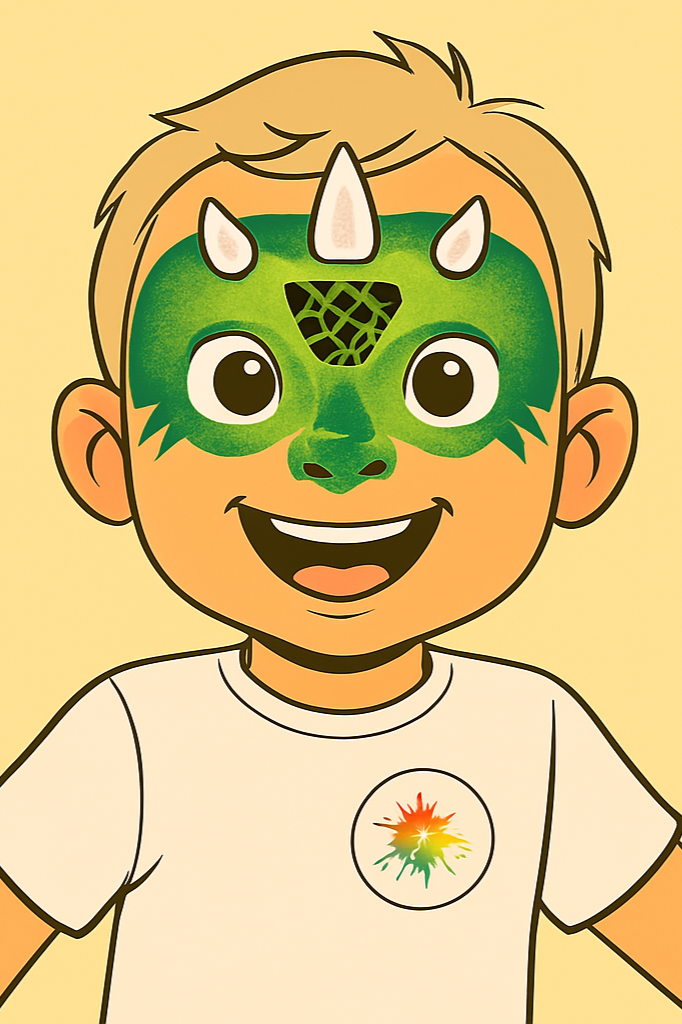 A cartoon boy with short blonde hair smiling, wearing a white t-shirt with a colorful starburst design on the chest, and a green and white dinosaur mask with horns and a netted nose.