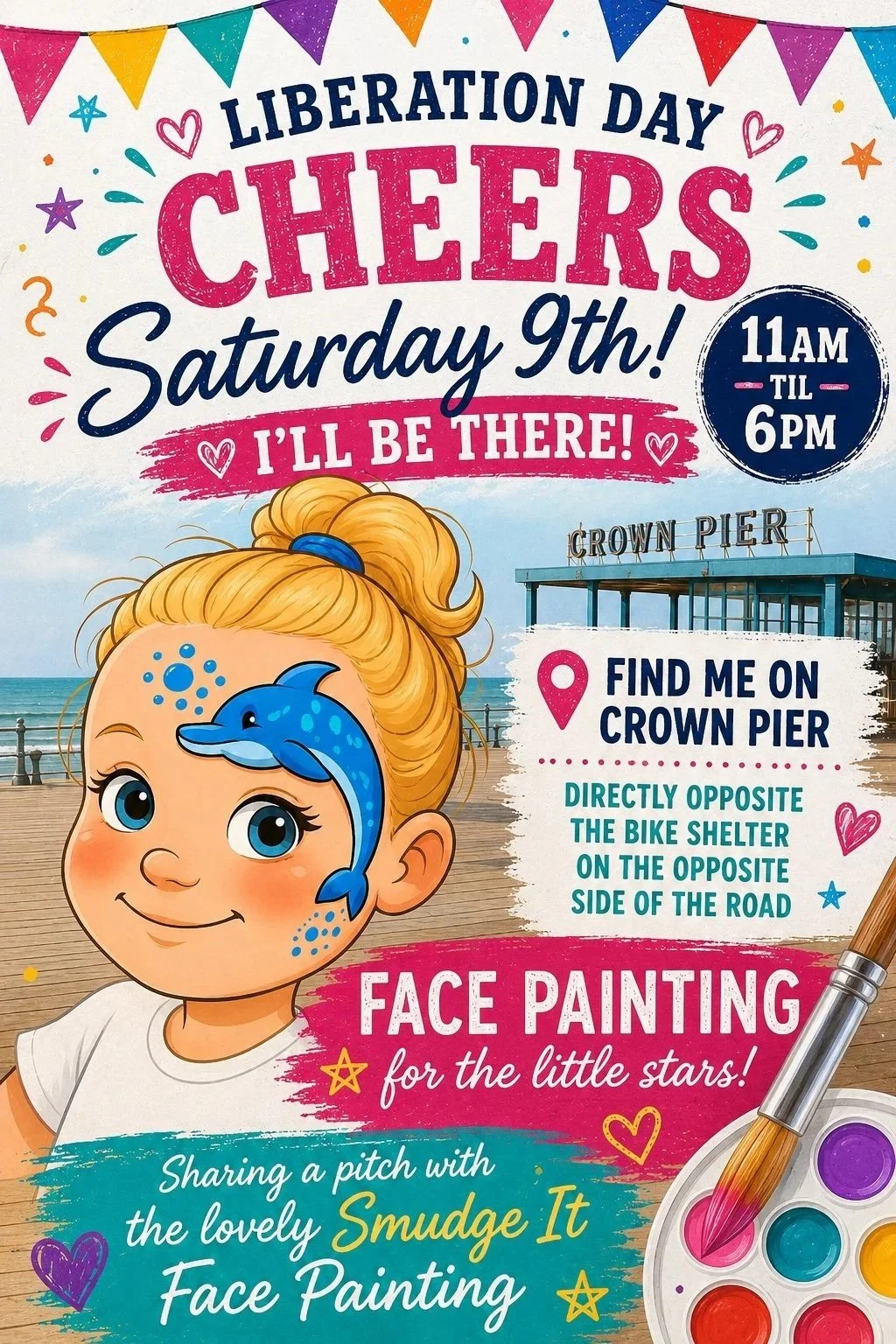 Cheeky Face Painting Liberation Day 2026 event poster for face painting at Crown Pier, Guernsey.