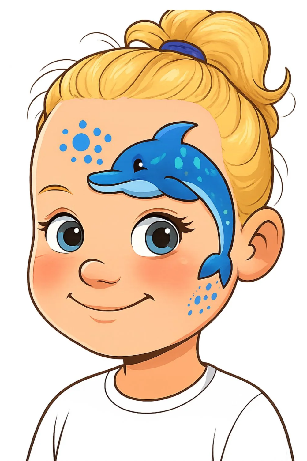 A cartoon girl with a dolphin on her forehead, with blue and white details around the dolphin and her face, and a white shirt.