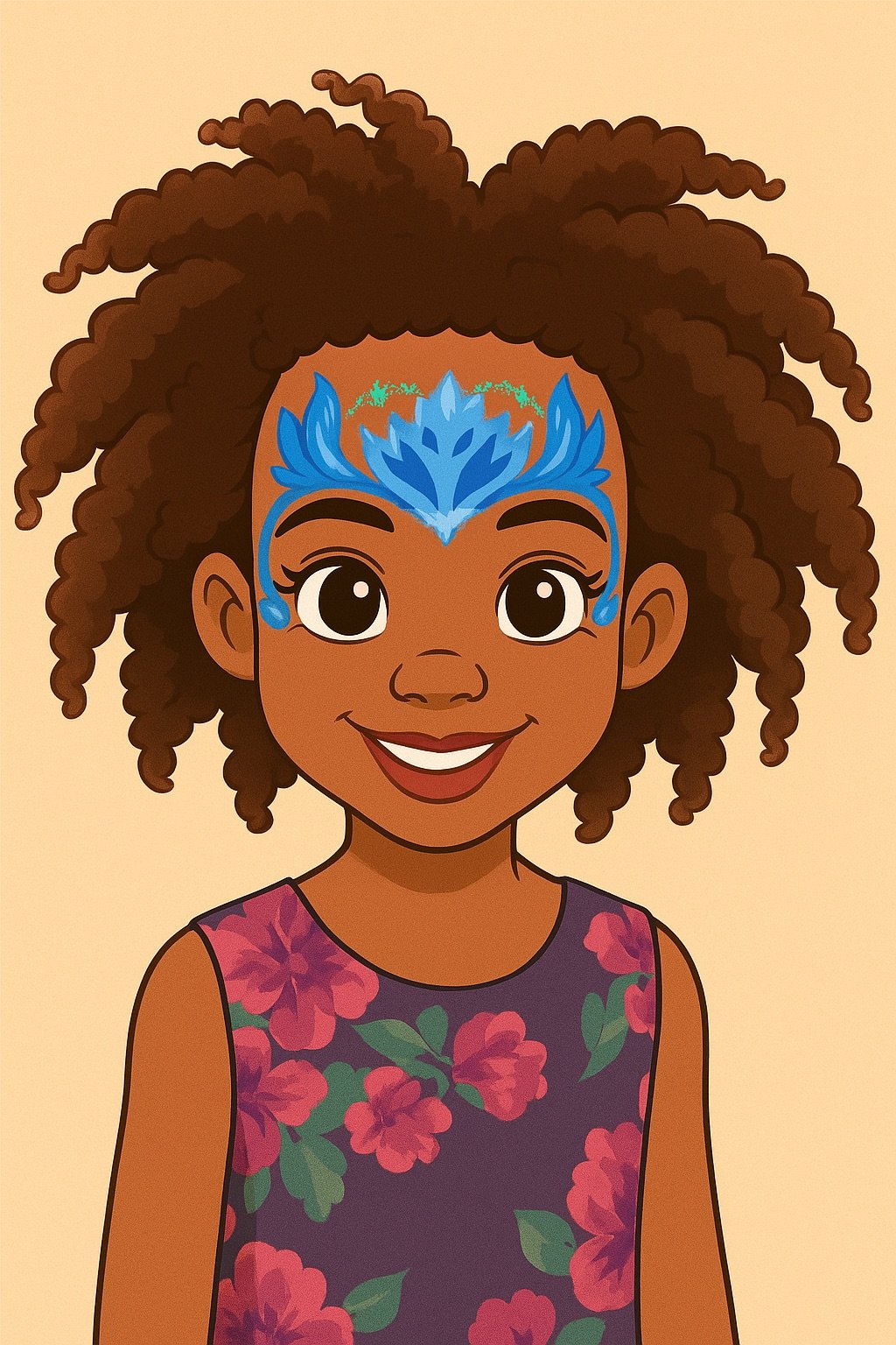 Animated girl with brown curly hair wearing a floral dress and blue face paint resembling a headdress.