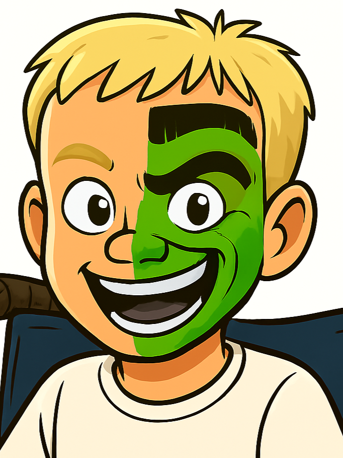 A cartoon boy with blonde hair, smiling, with half of his face painted green and resembling a monster.