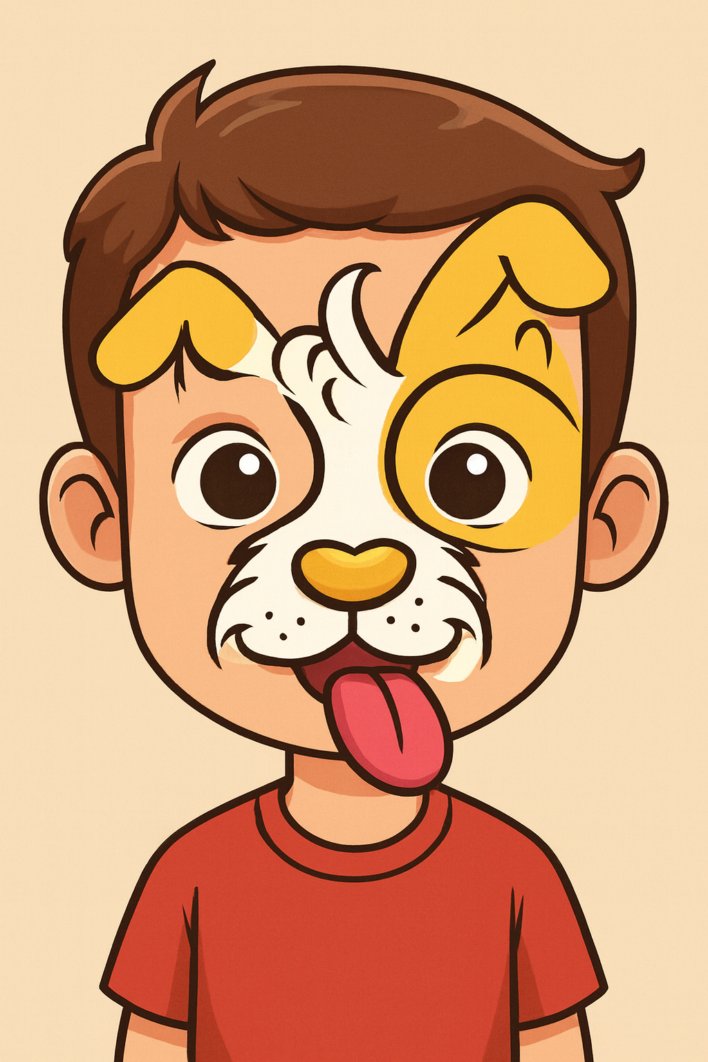 Child wearing a dog mask with a cartoon style, large scared eyes, tongue sticking out, and wearing a red shirt.