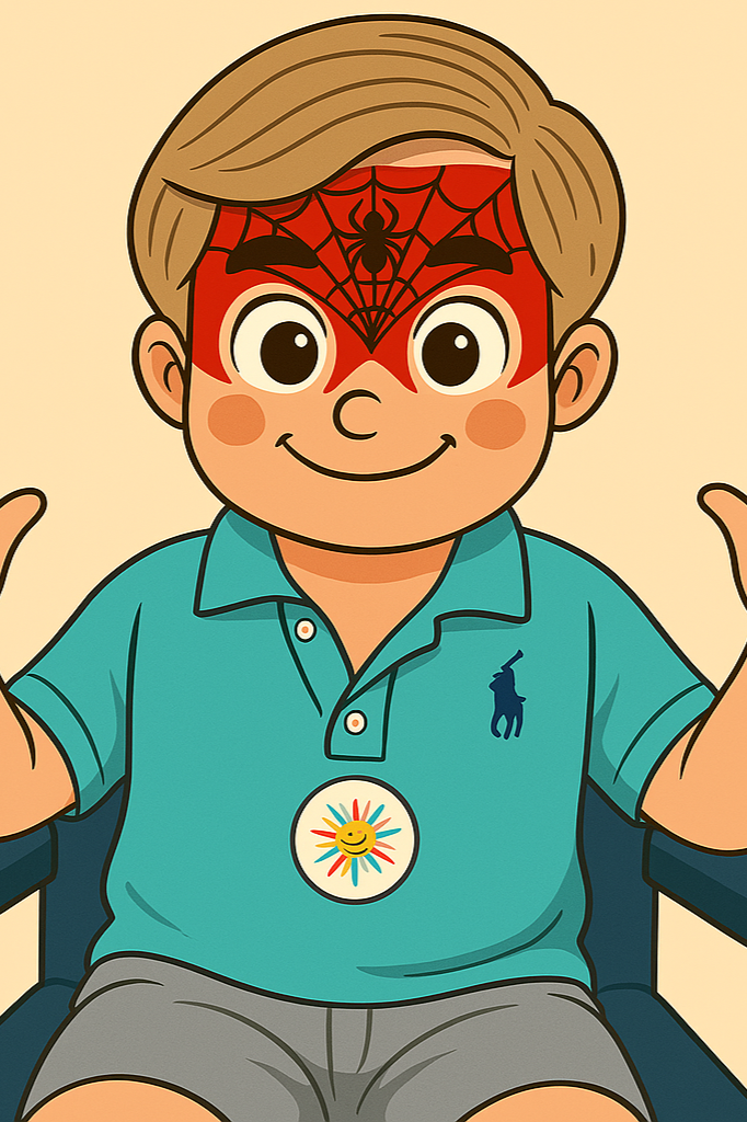 A cartoon boy with face paint resembling a superhero with a spider web and spider on his forehead, smiling and showing a peace sign, wearing a blue polo shirt with a Ralph Lauren logo and a sun badge.