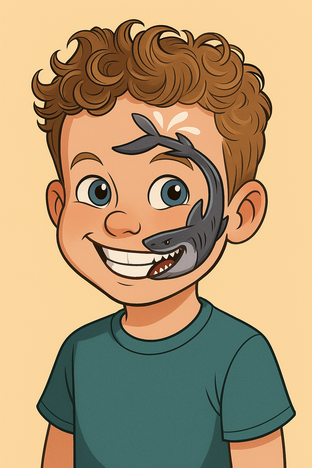 Cartoon illustration of a young boy with curly hair and a big smile, with a shark face partially over his eye.