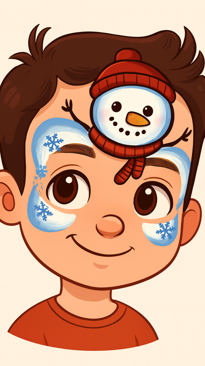 Cartoon boy with blue snowflake face paint, smiling, with a small snowman face on his forehead wearing a red hat and scarf.
