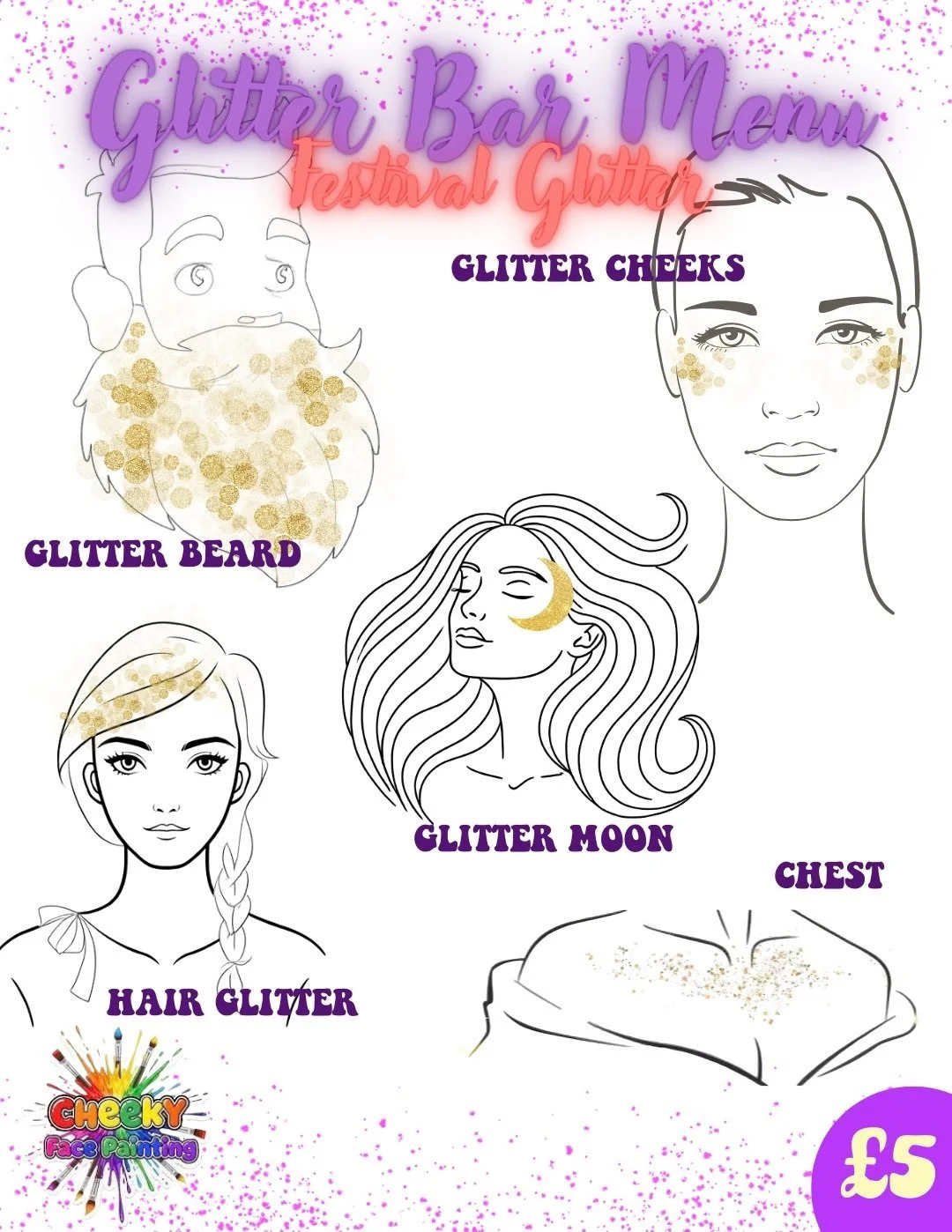 Festival glitter glitter bar menu featuring glitter cheeks, glitter beard, glitter moon, hair glitter, and chest with gold glitter embellishments and price of 5 pounds