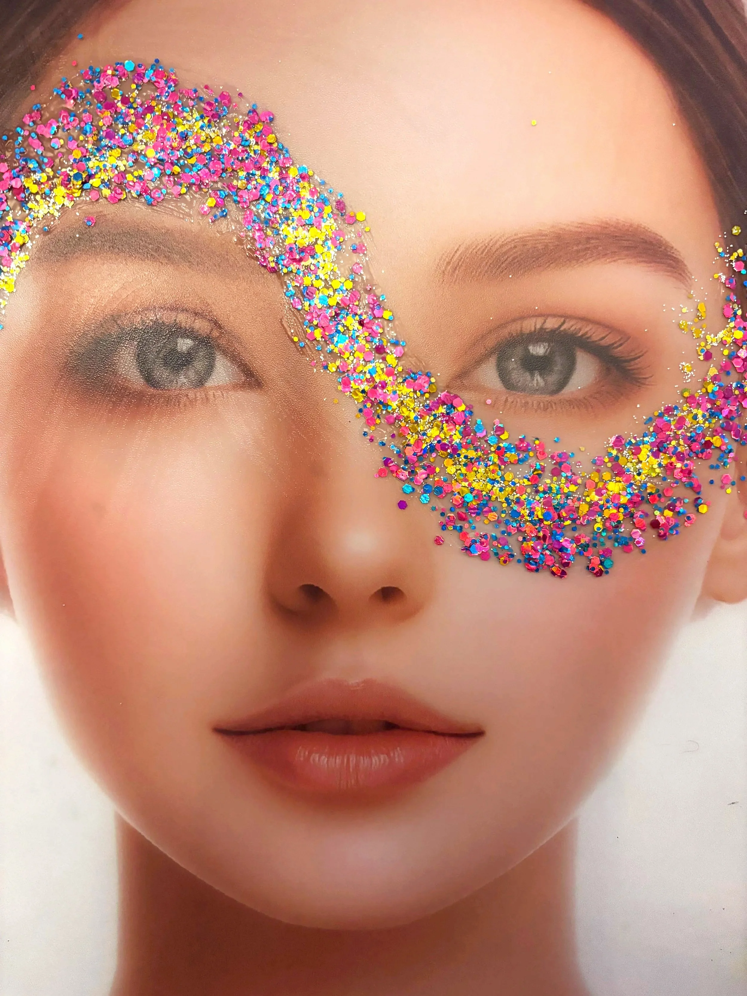 Close-up of a woman's face with glittering multicolored rhinestones around one eye, creating a decorative mask-like effect.