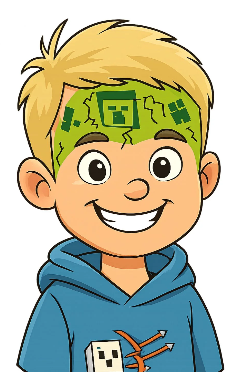 Cartoon boy with blonde hair and a big smile, wearing a blue hoodie featuring a pixelated face and a claw design, and having a green pixelated pattern on his forehead.