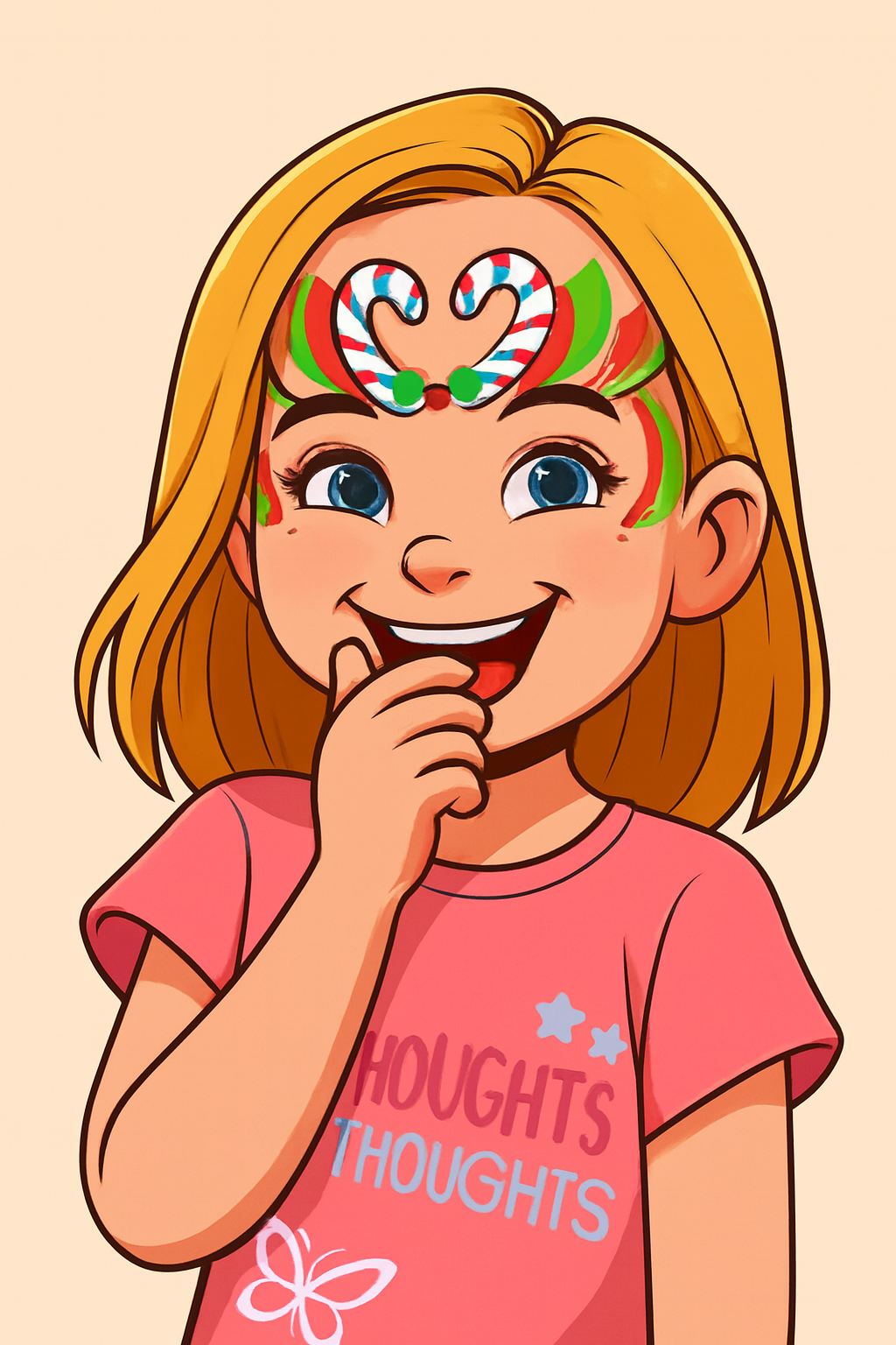 A young girl with blonde hair and blue eyes, smiling and touching her chin. She wears a pink T-shirt with the words 'THOUGHTS' repeated twice, and colorful face paint resembling a holiday candy cane and festive decorations on her forehead and cheeks.