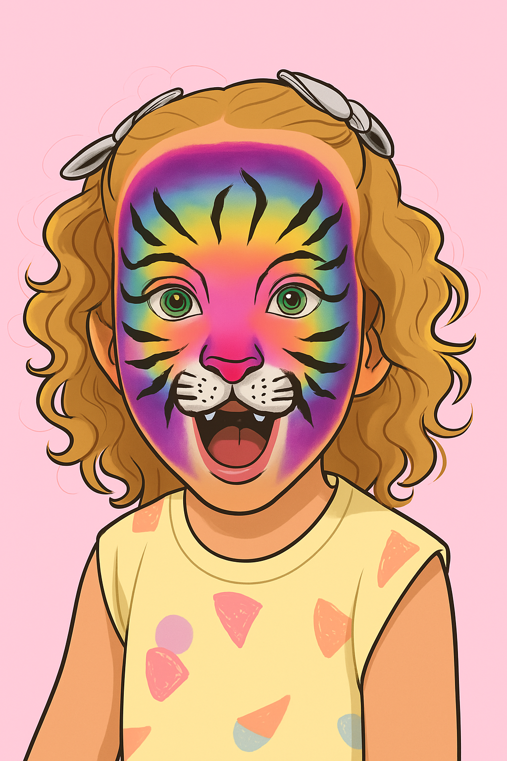 Child with curly hair wearing face paint resembling a colorful tiger on a pink background.