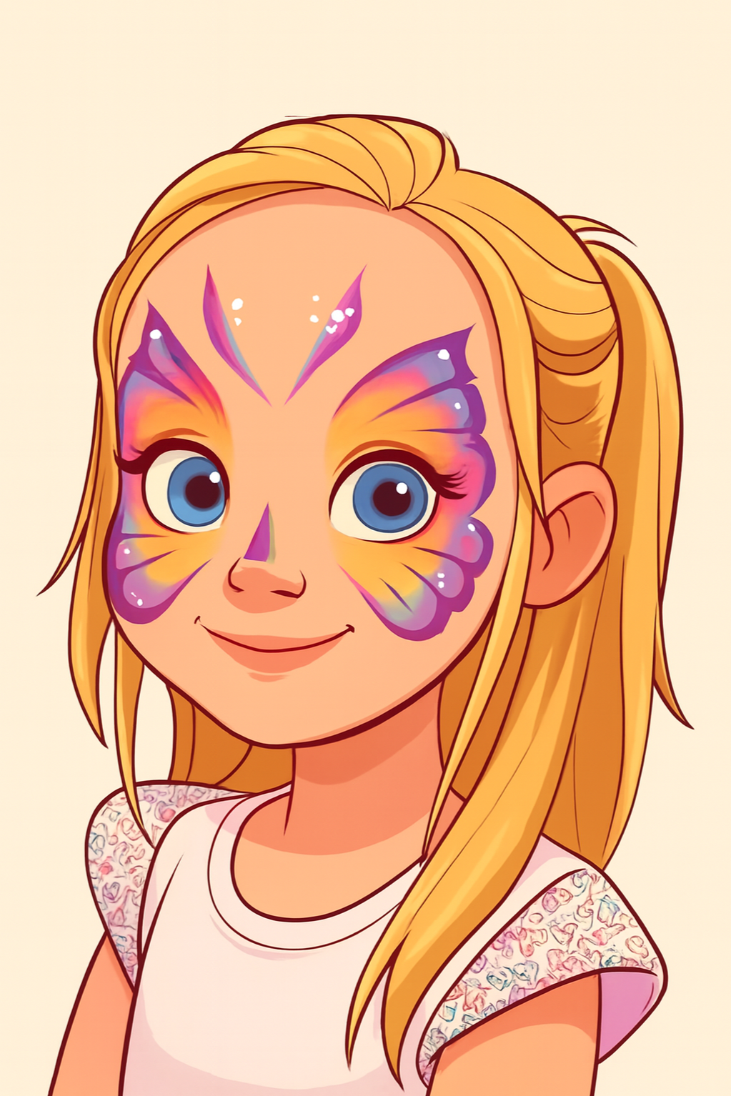 A young girl with long blonde hair, blue eyes, and butterfly face paint in purple, pink, and yellow colors.