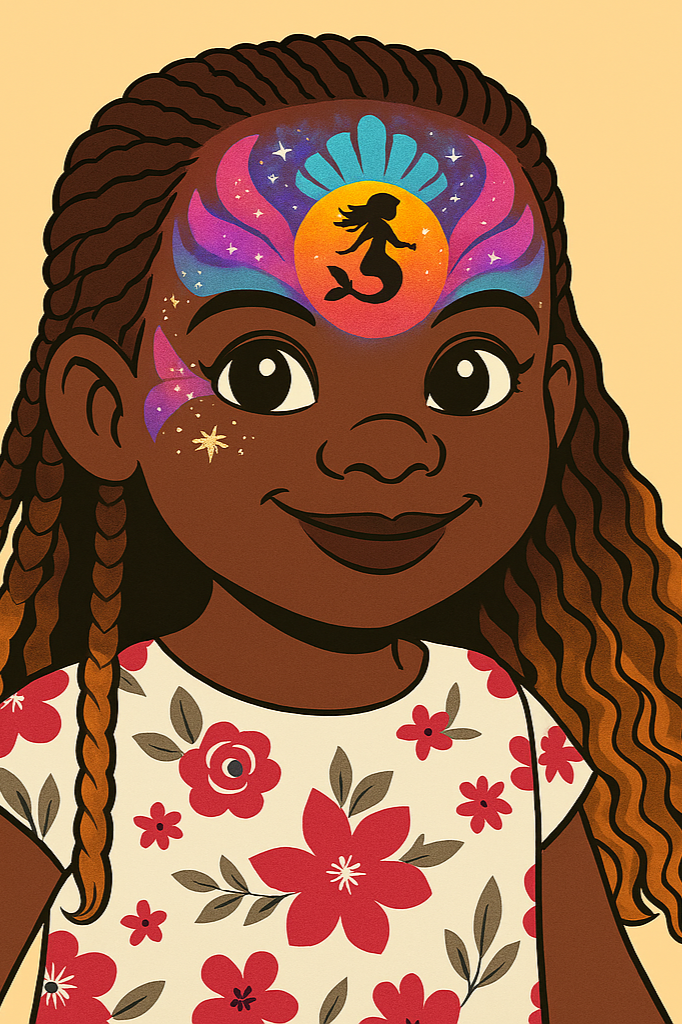 A smiling young girl with long, braided hair and dark skin. She has a colorful mystical tattoo or face art on her forehead featuring a mermaid silhouette, stars, and abstract designs in bright colors.