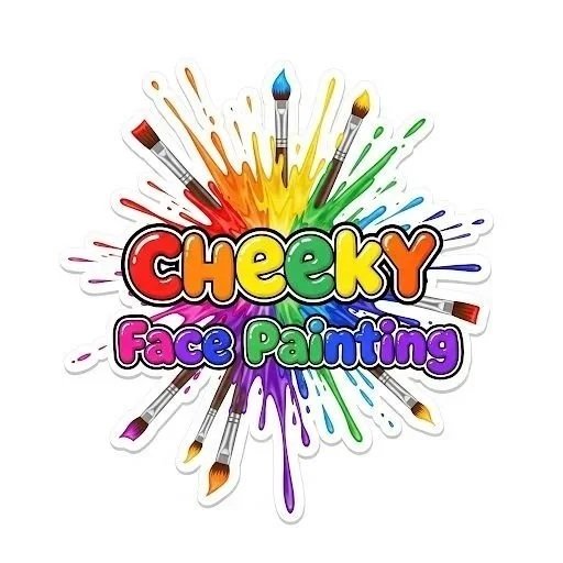 Colorful splash background with paintbrushes and the text "Cheeky Face Painting" in bright, playful letters.