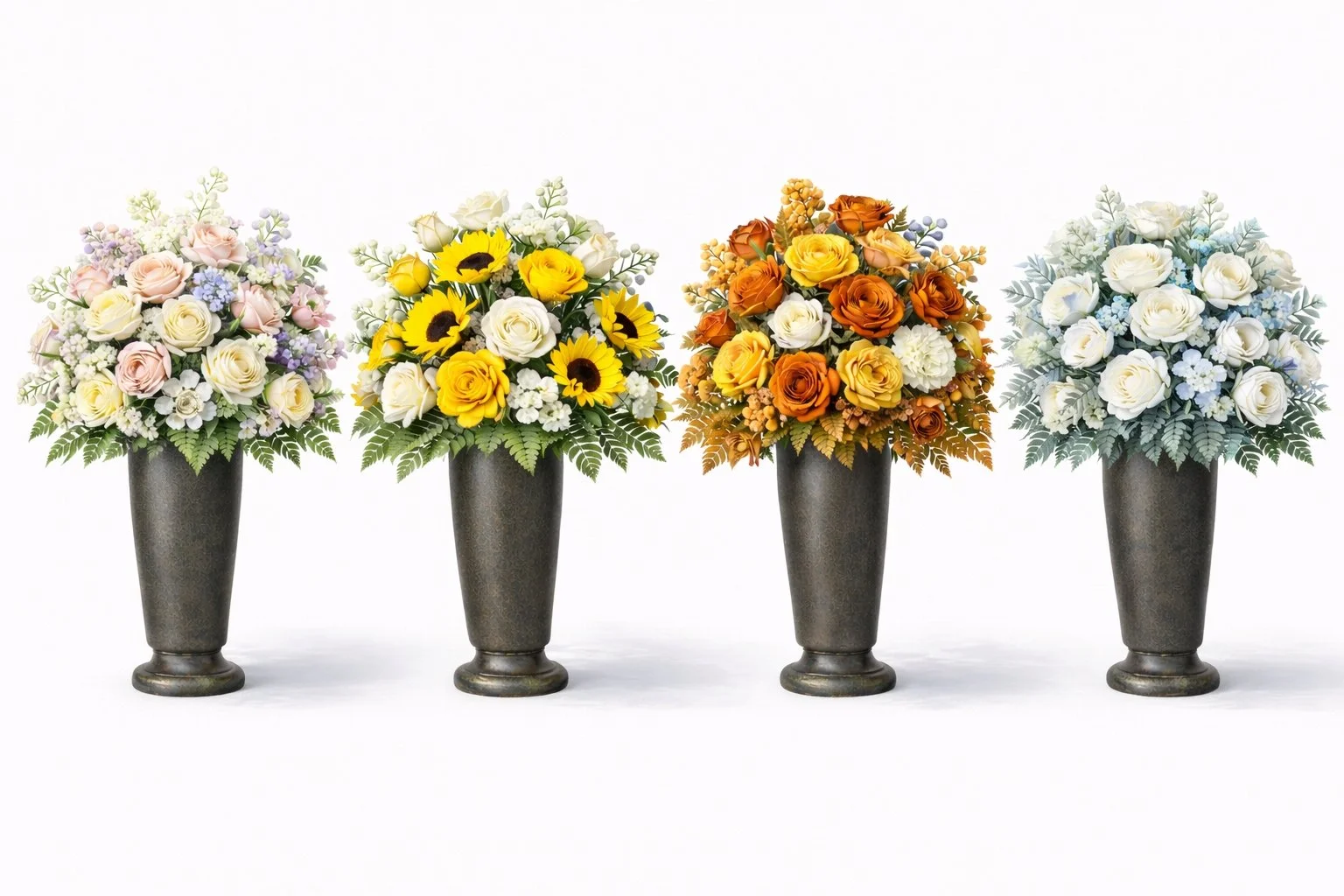 Four flower arrangements in dark vases, from left to right: pastel pink and purple, bright yellow and white, orange and yellow, white and blue flowers, all against a white background.